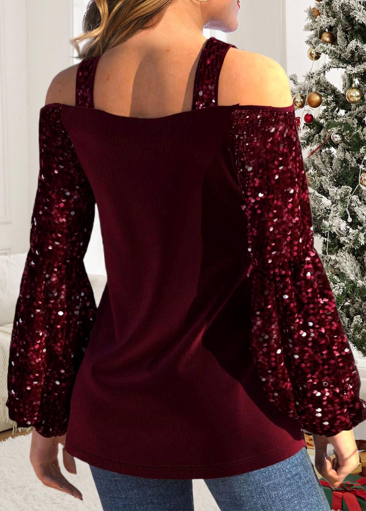 Wine Red Sequin Plus Size Long Sleeve T Shirt | picture 