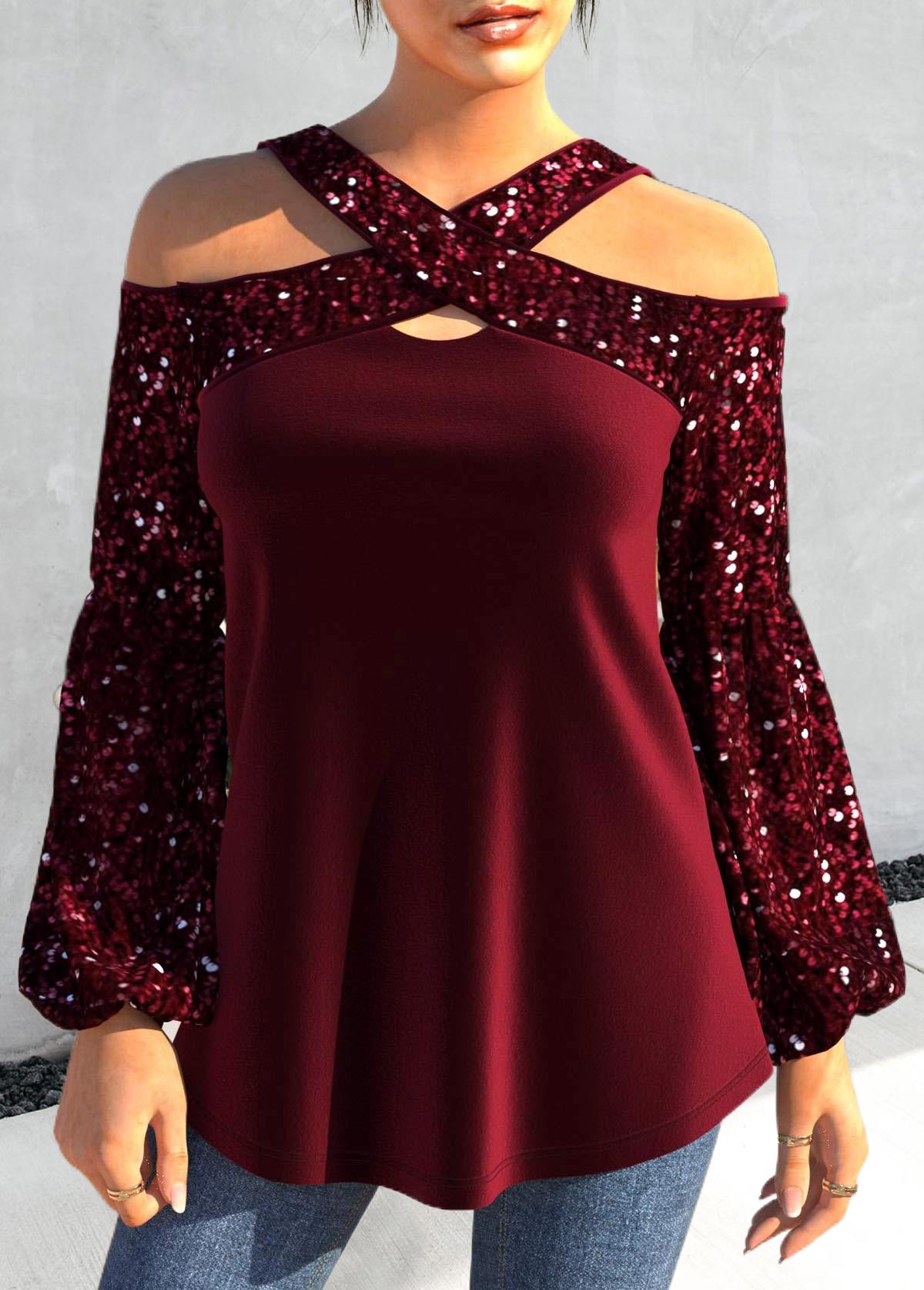 Wine Red Sequin Plus Size Long Sleeve T Shirt | picture 
