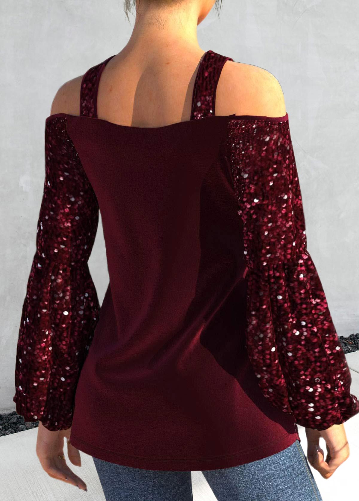 Wine Red Sequin Plus Size Long Sleeve T Shirt | picture 