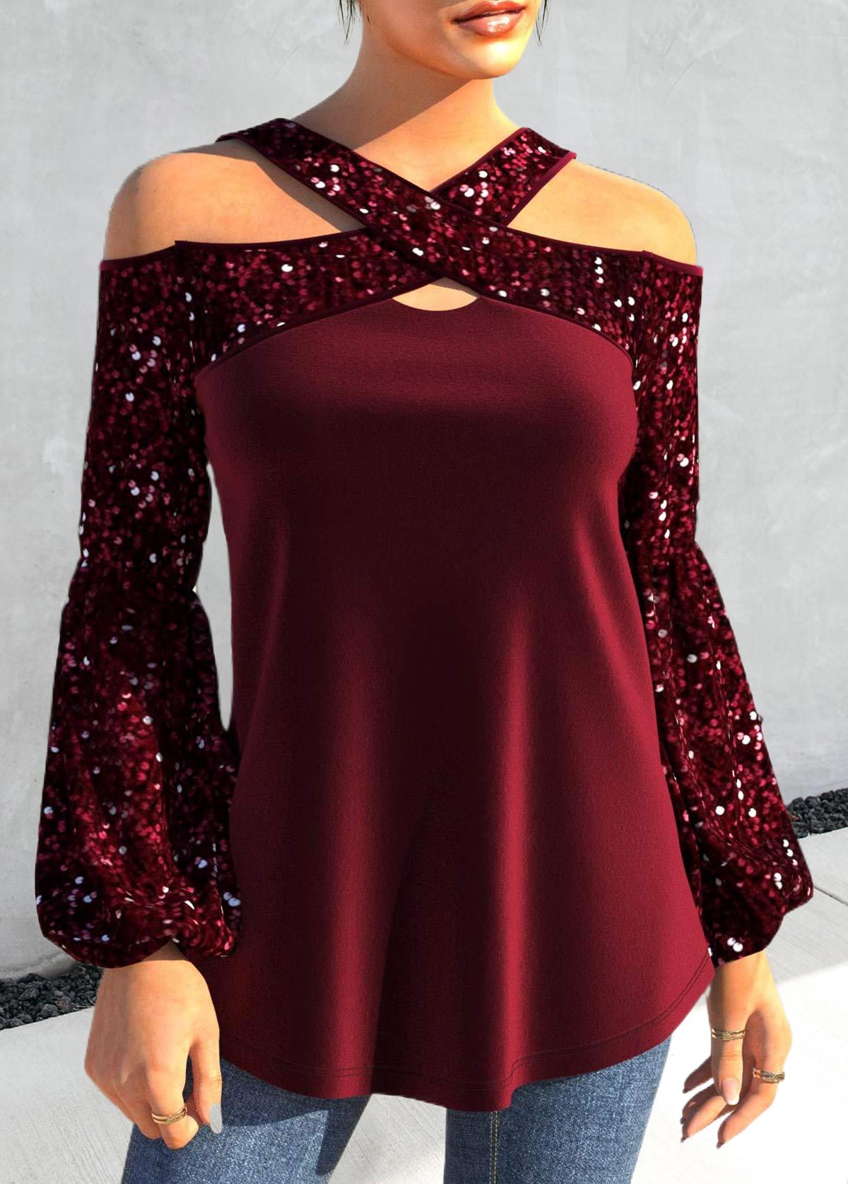 Wine Red Sequin Plus Size Long Sleeve T Shirt | picture 