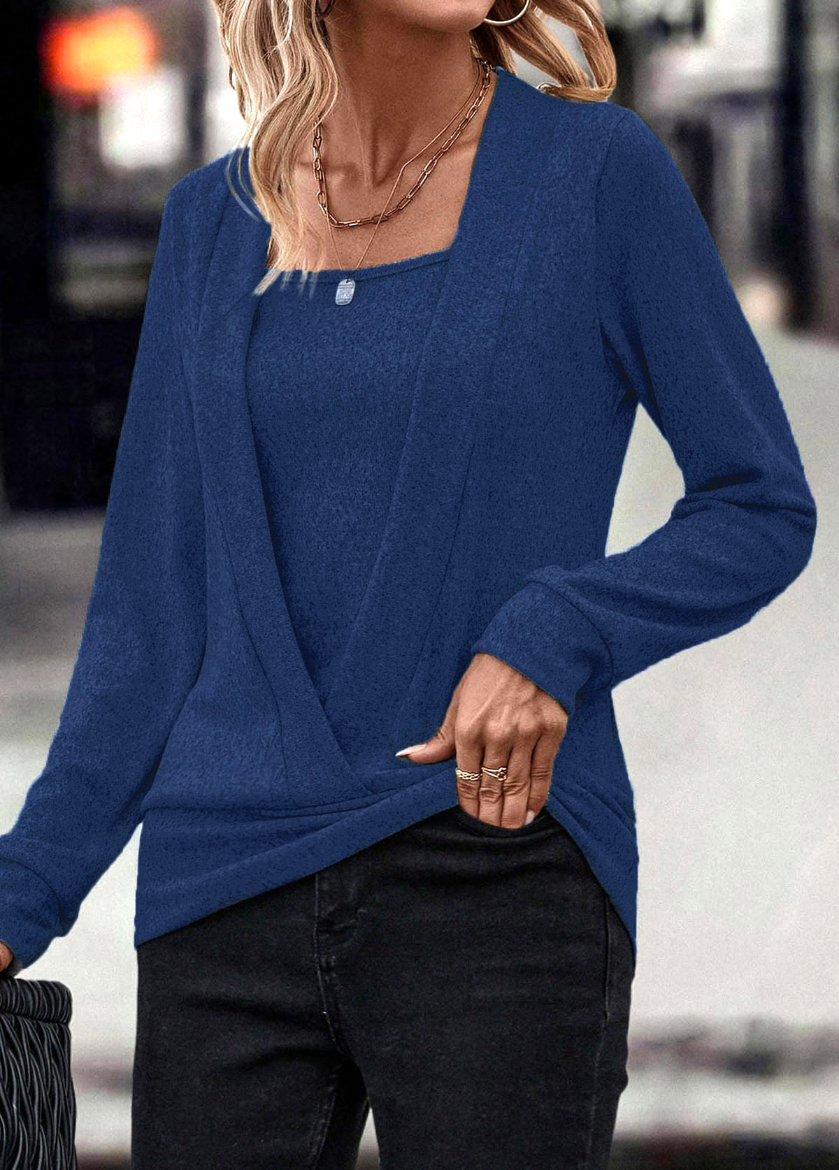 Dark Blue Fake 2in1 Long Sleeve Sweatshirt | picture 