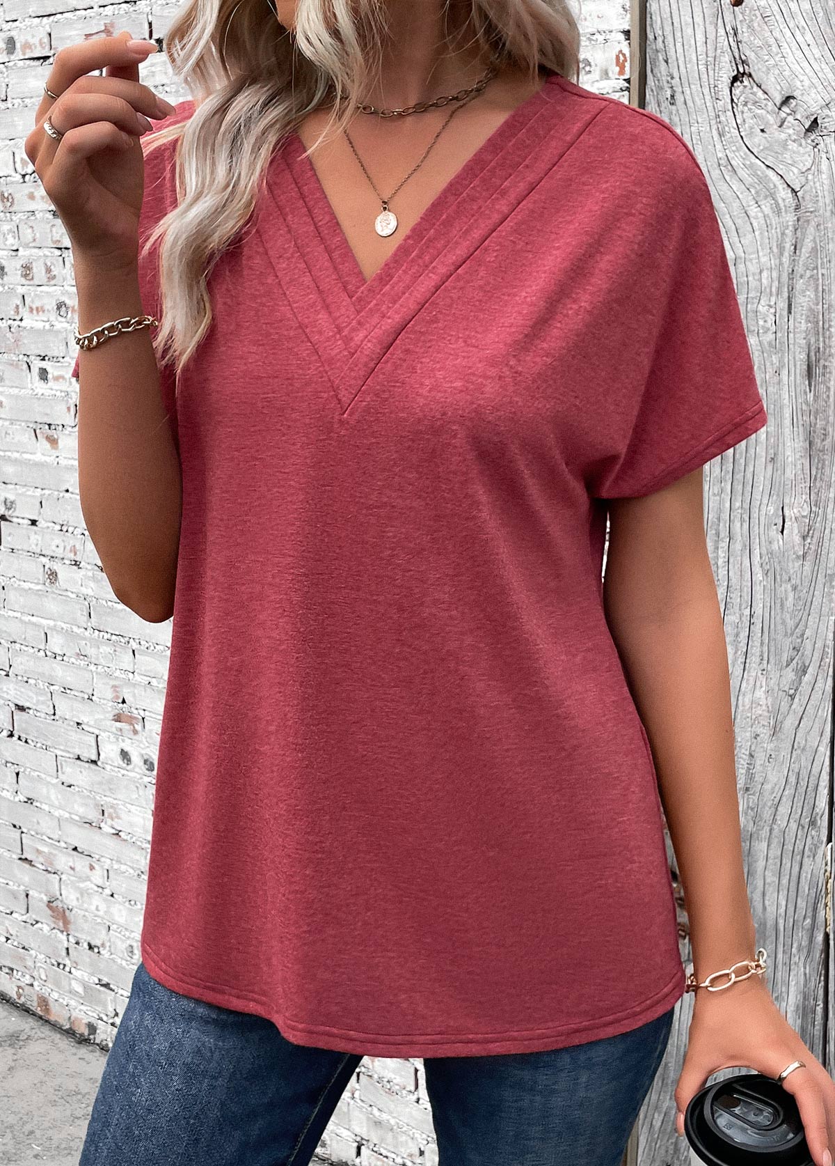 Brick Red Patchwork Short Sleeve V Neck T Shirt | picture 
