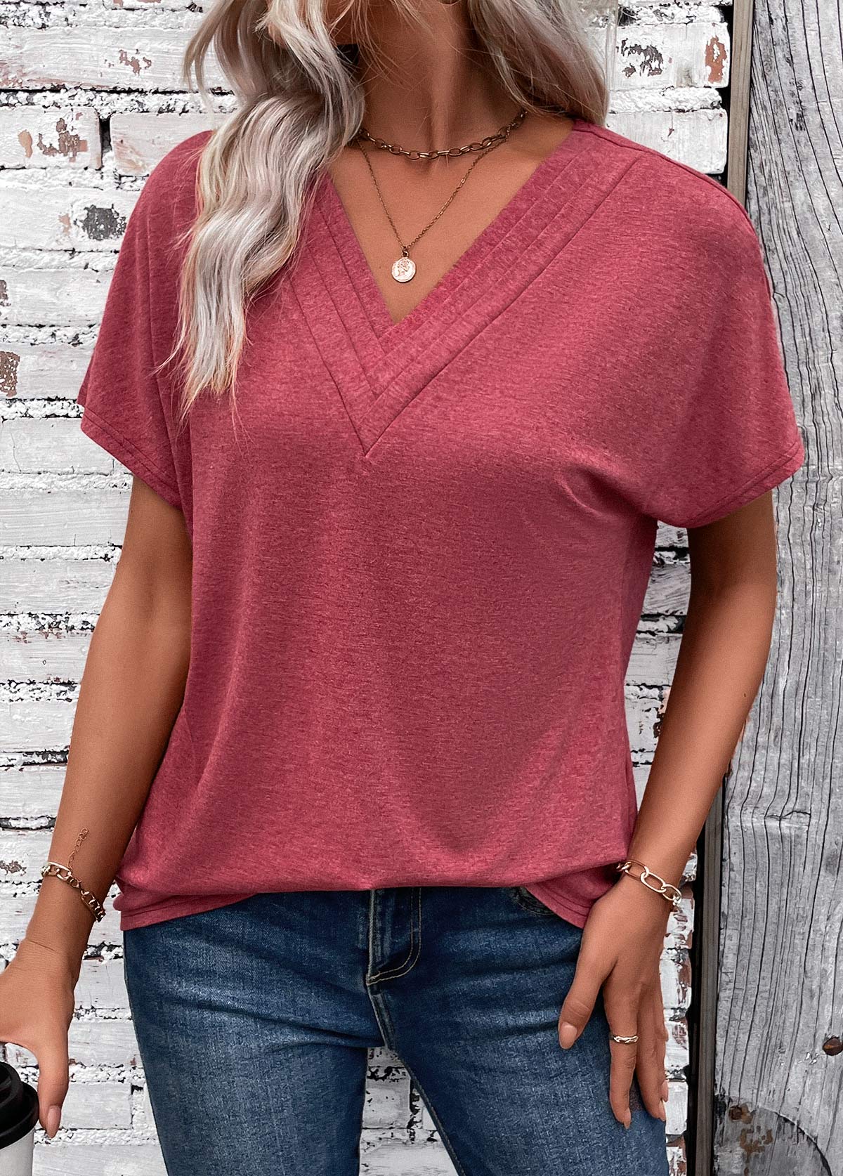 Brick Red Patchwork Short Sleeve V Neck T Shirt | picture 