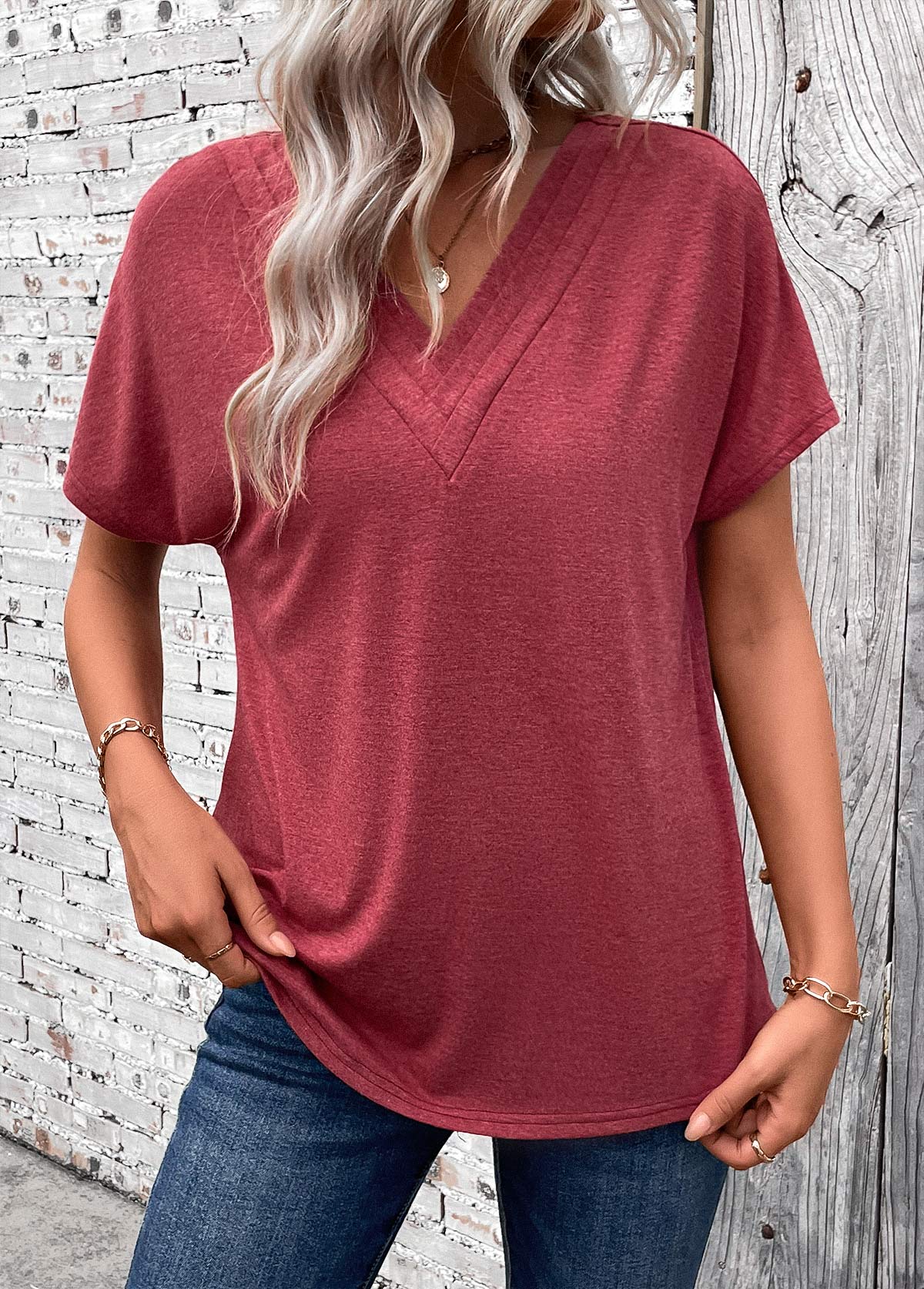 Brick Red Patchwork Short Sleeve V Neck T Shirt | picture 