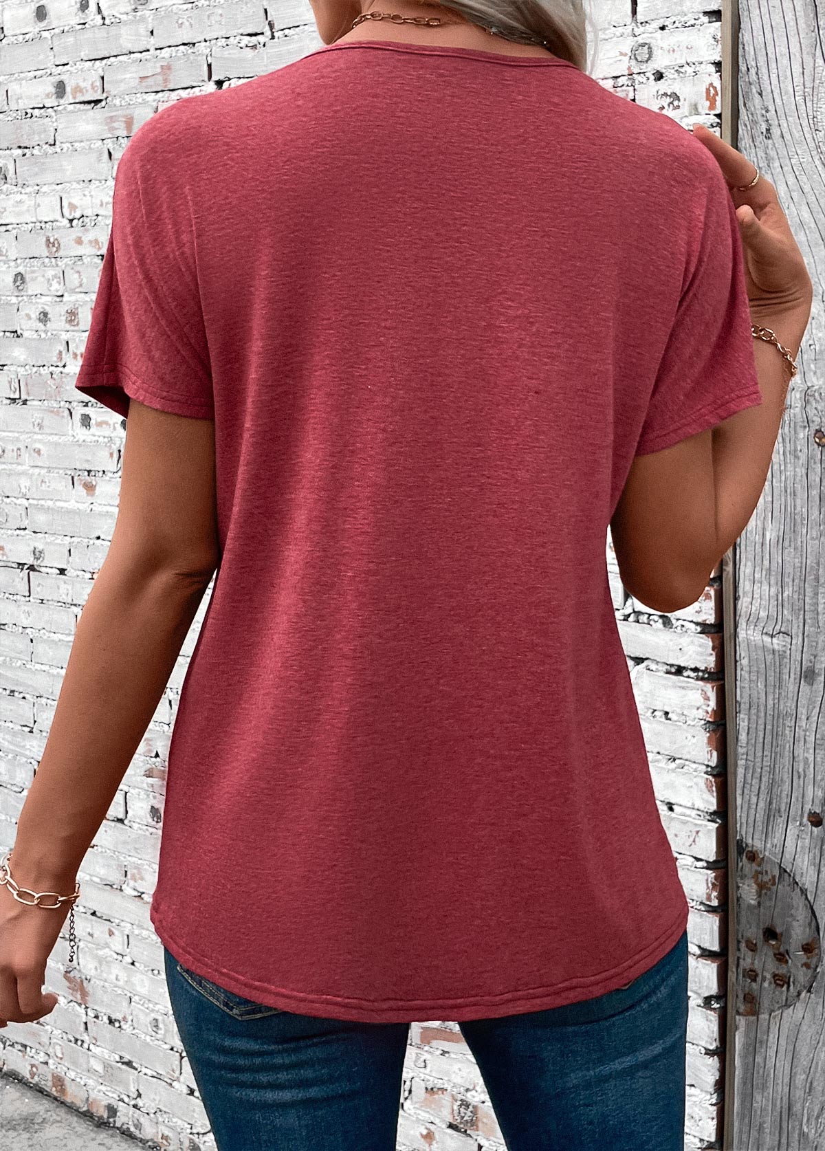 Brick Red Patchwork Short Sleeve V Neck T Shirt | picture 