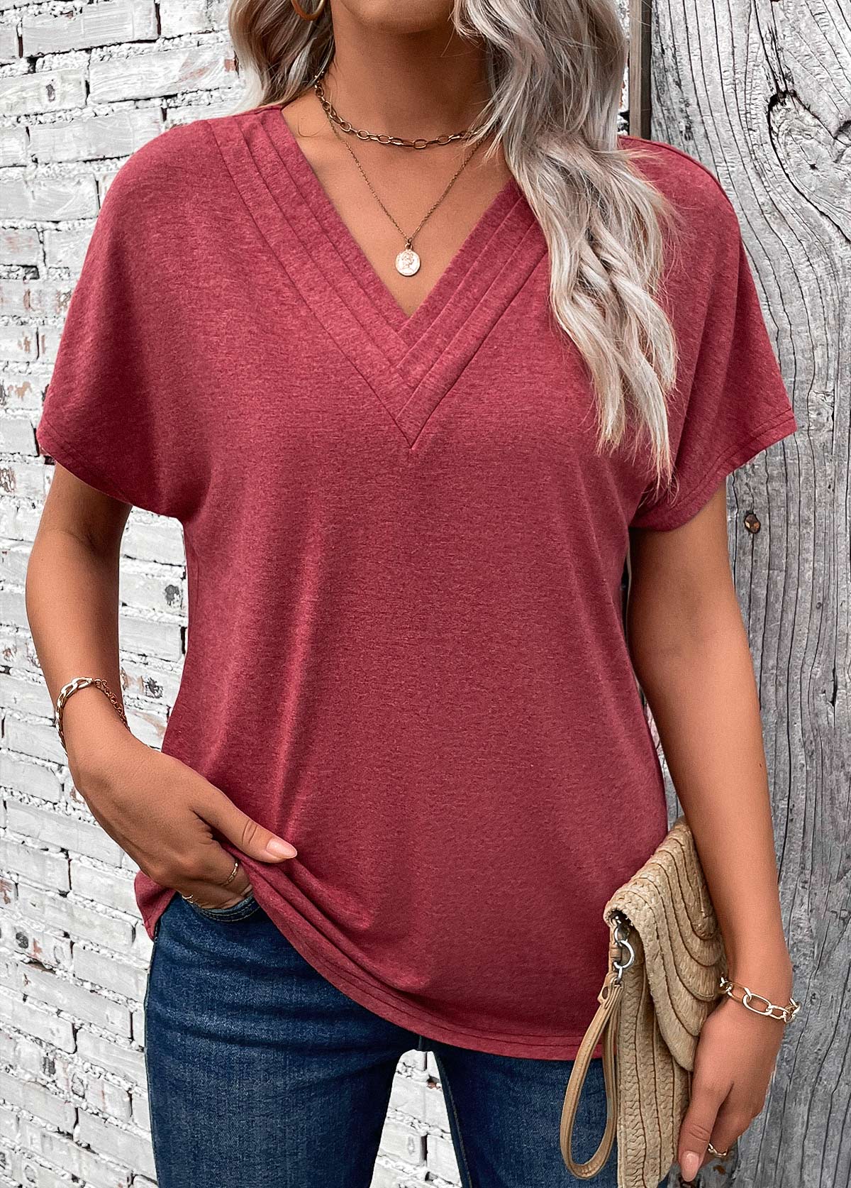 Brick Red Patchwork Short Sleeve V Neck T Shirt | picture 
