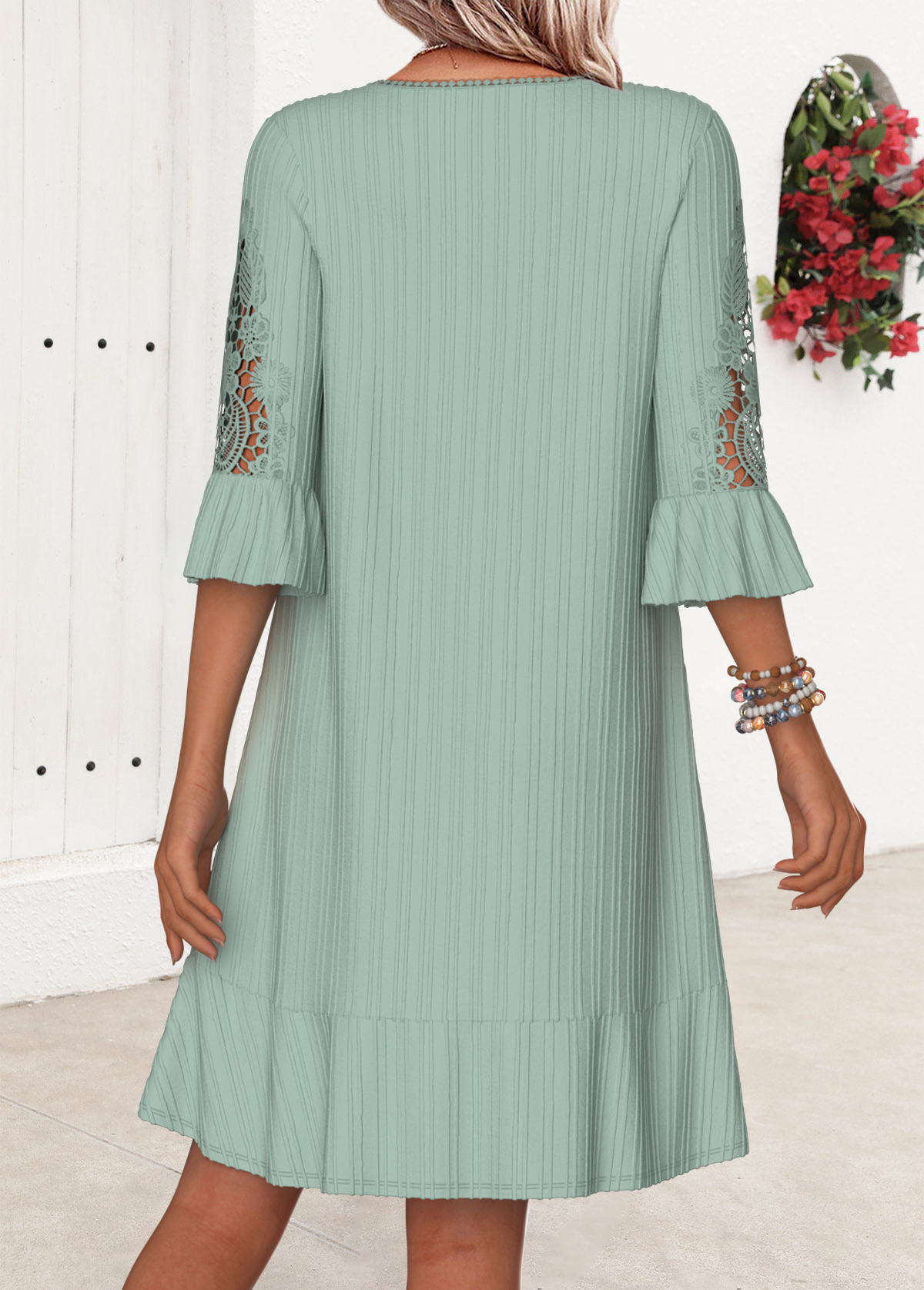 Sage Green Embroidery A Line Half Sleeve Dress | picture 