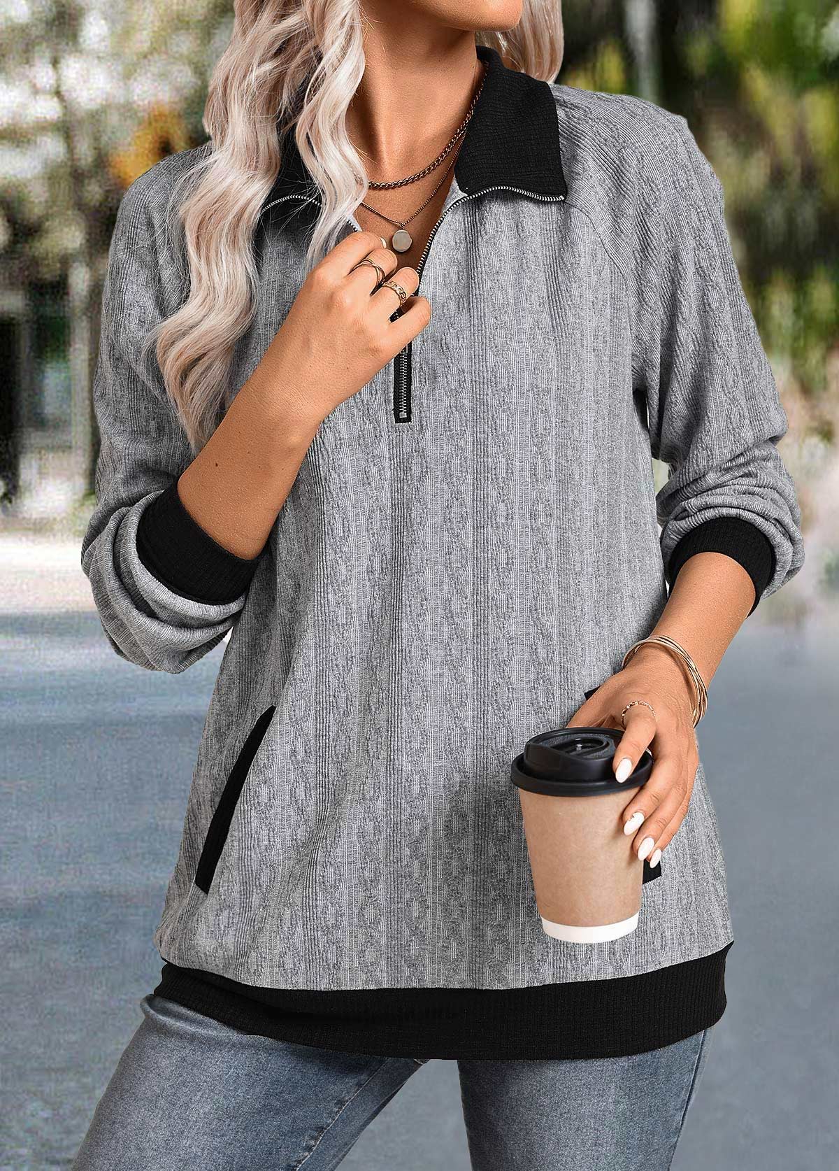 Modlily Grey Zipper Long Sleeve Shirt Collar Sweatshirt - XXL