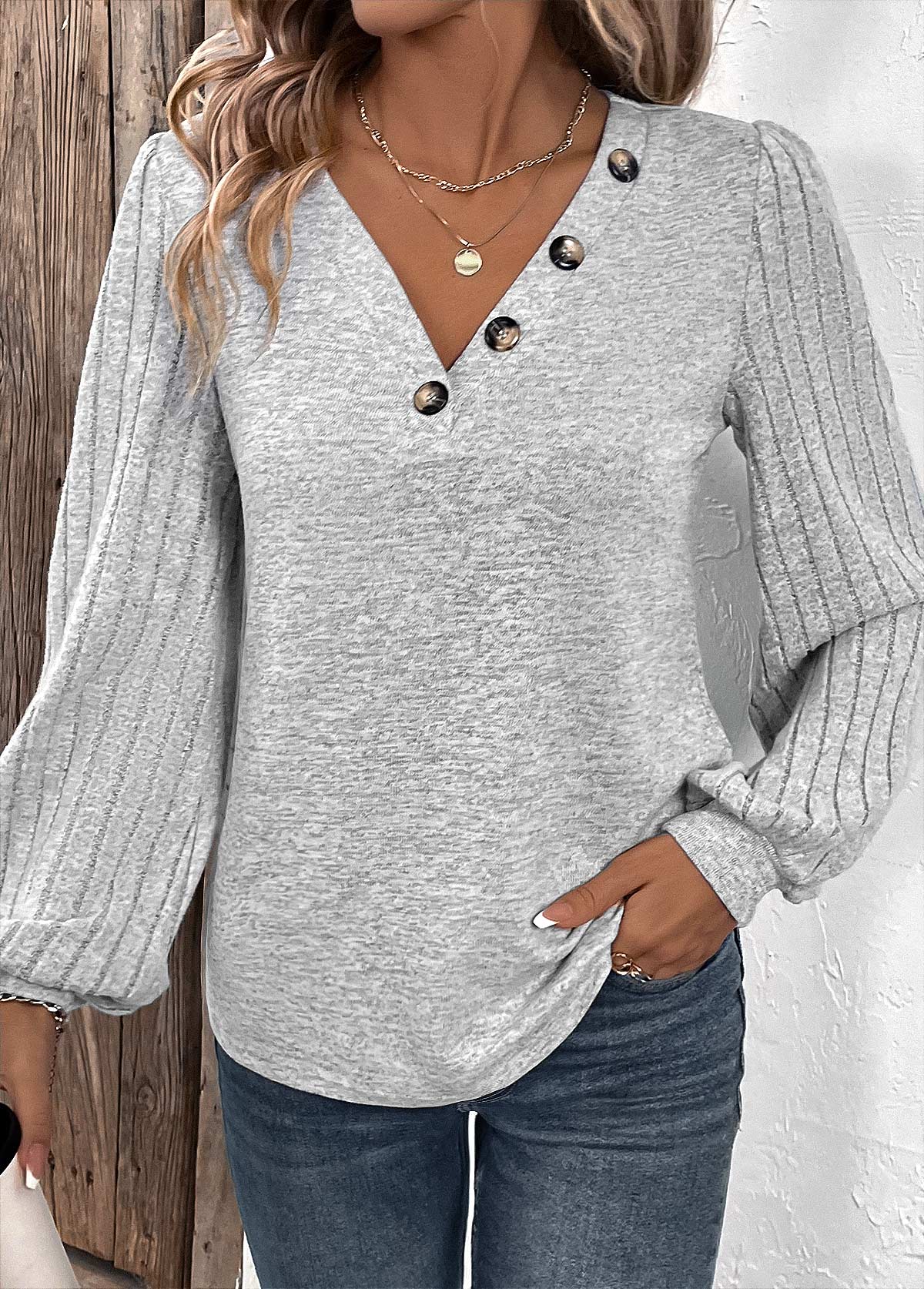 Light Grey Patchwork Plus Size Long Sleeve T Shirt USD 31.98