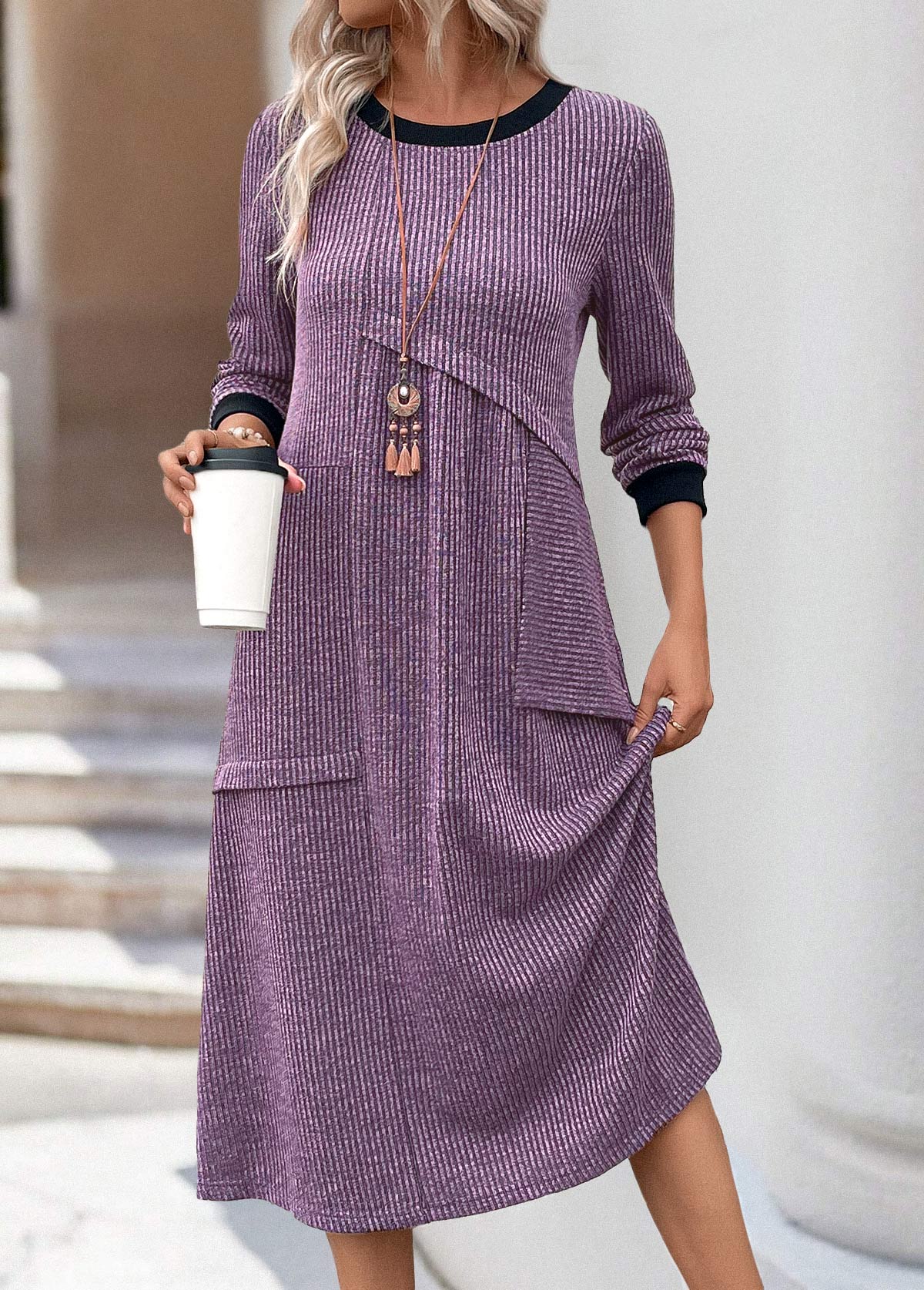 Dusty Purple Tummy Coverage Long Sleeve Round Neck Dress | picture 
