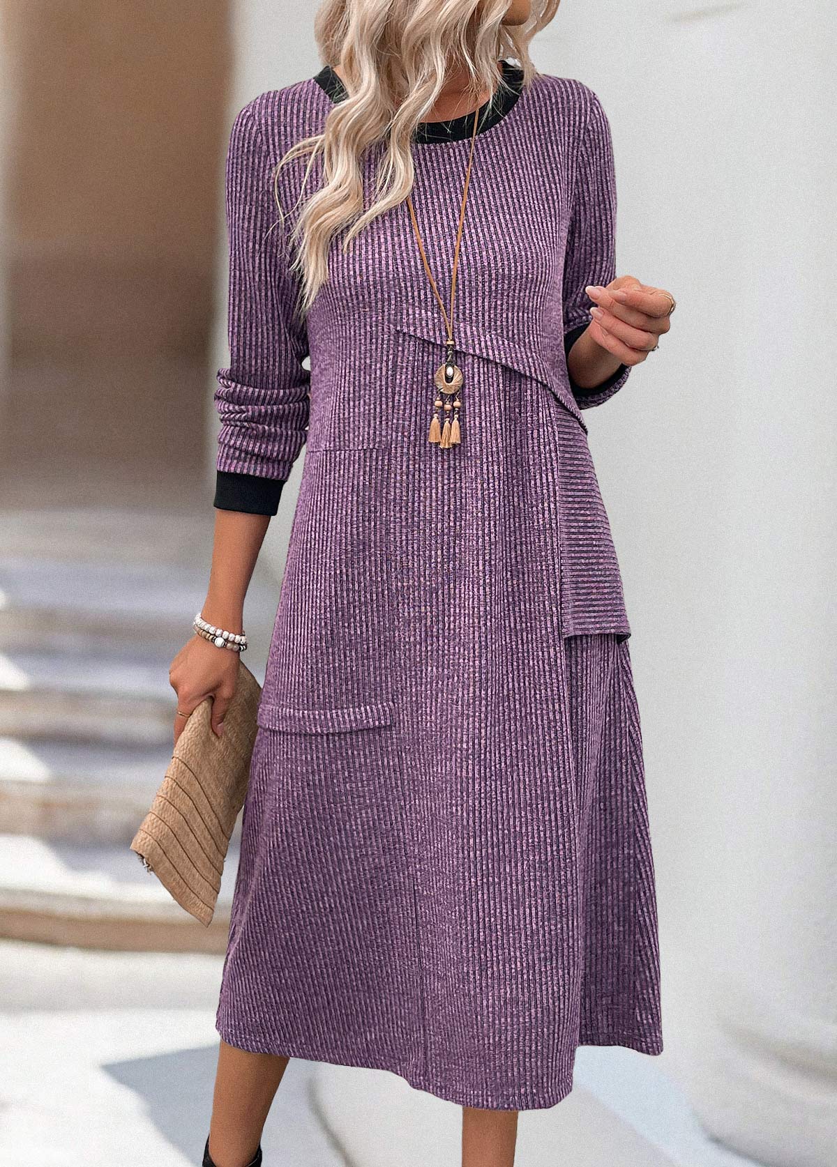 Dusty Purple Tummy Coverage Long Sleeve Round Neck Dress | picture 