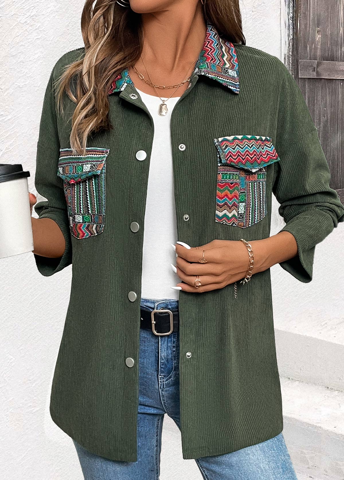 Modlily Green Corduroy Tribal Print Long Sleeve Coat - M