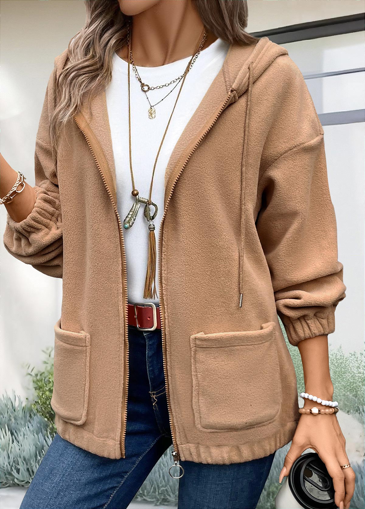 Light Coffee Plush Long Sleeve Hoodie | picture 