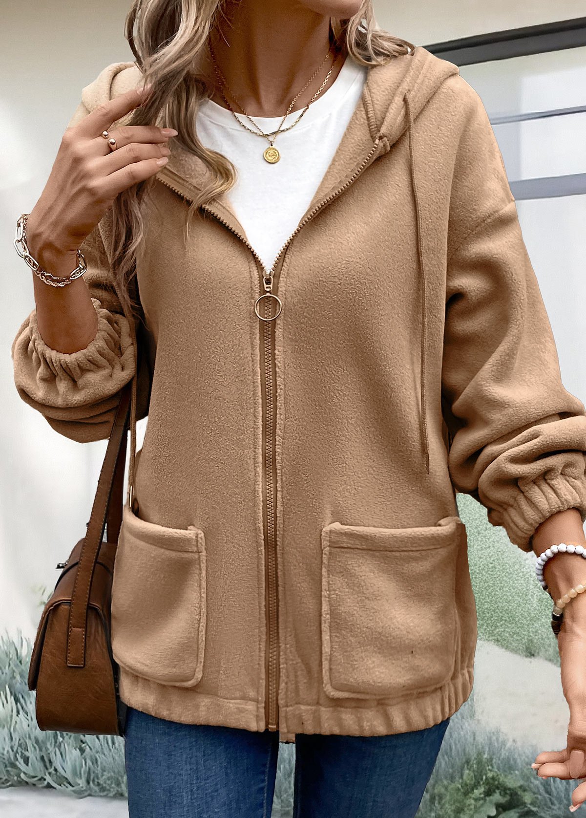Light Coffee Plush Long Sleeve Hoodie | picture 