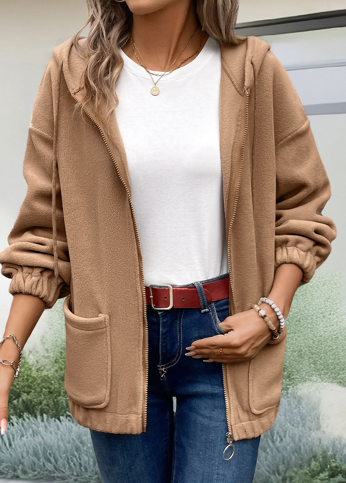 Light Coffee Plush Long Sleeve Hoodie | picture 