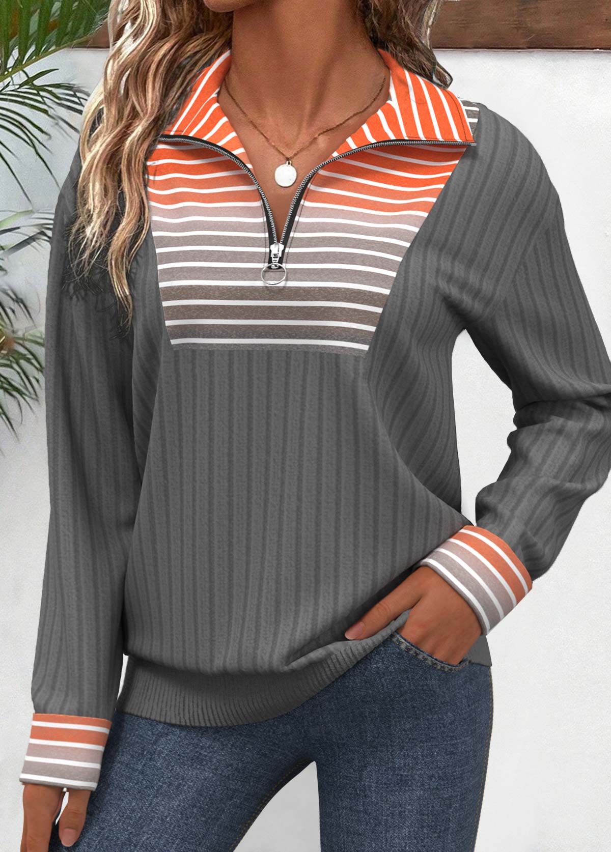 Grey Circular Ring Plus Size Striped Long Sleeve Sweatshirt | picture 