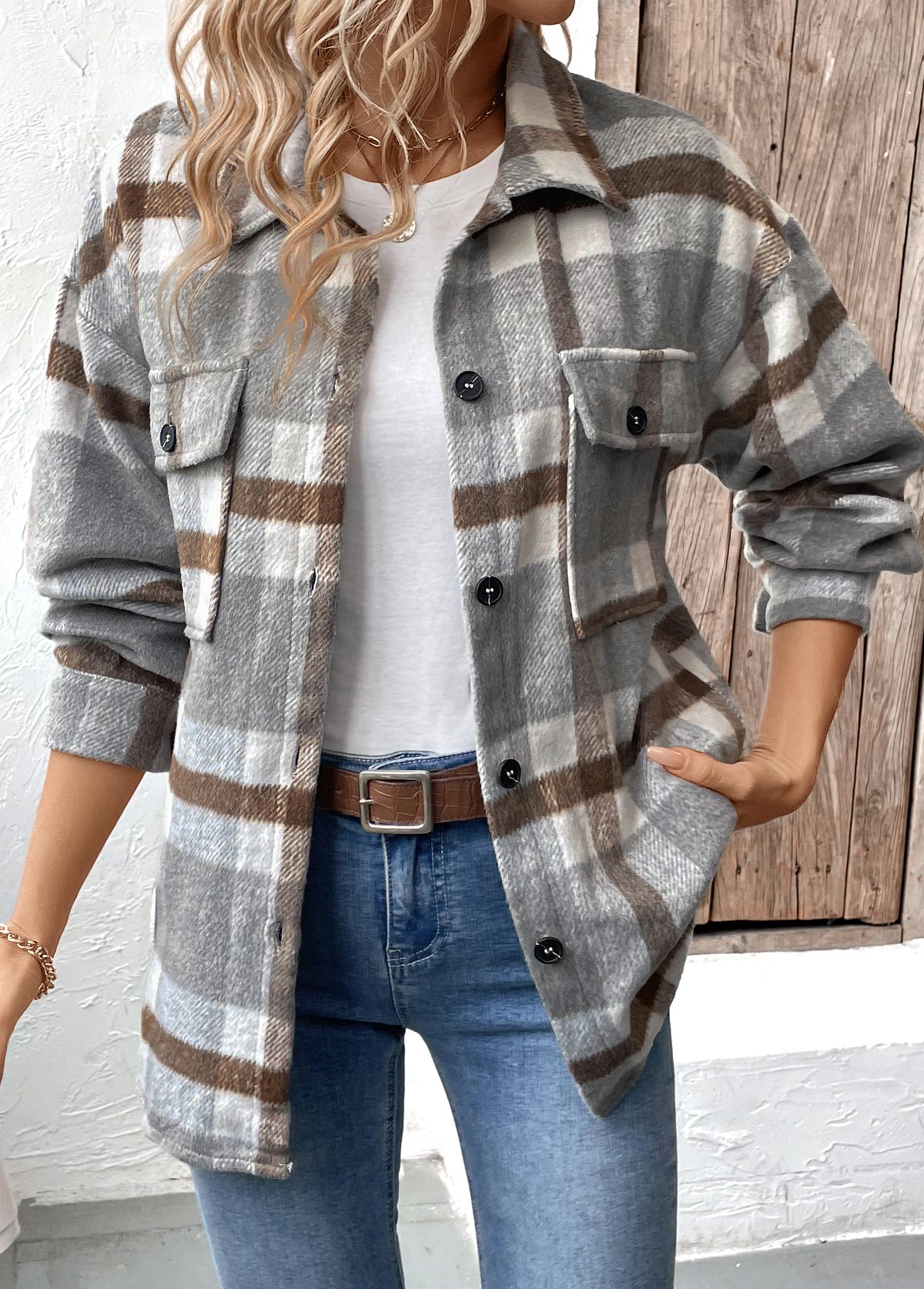 Grey Tummy Coverage Plaid Long Sleeve Coat | picture 