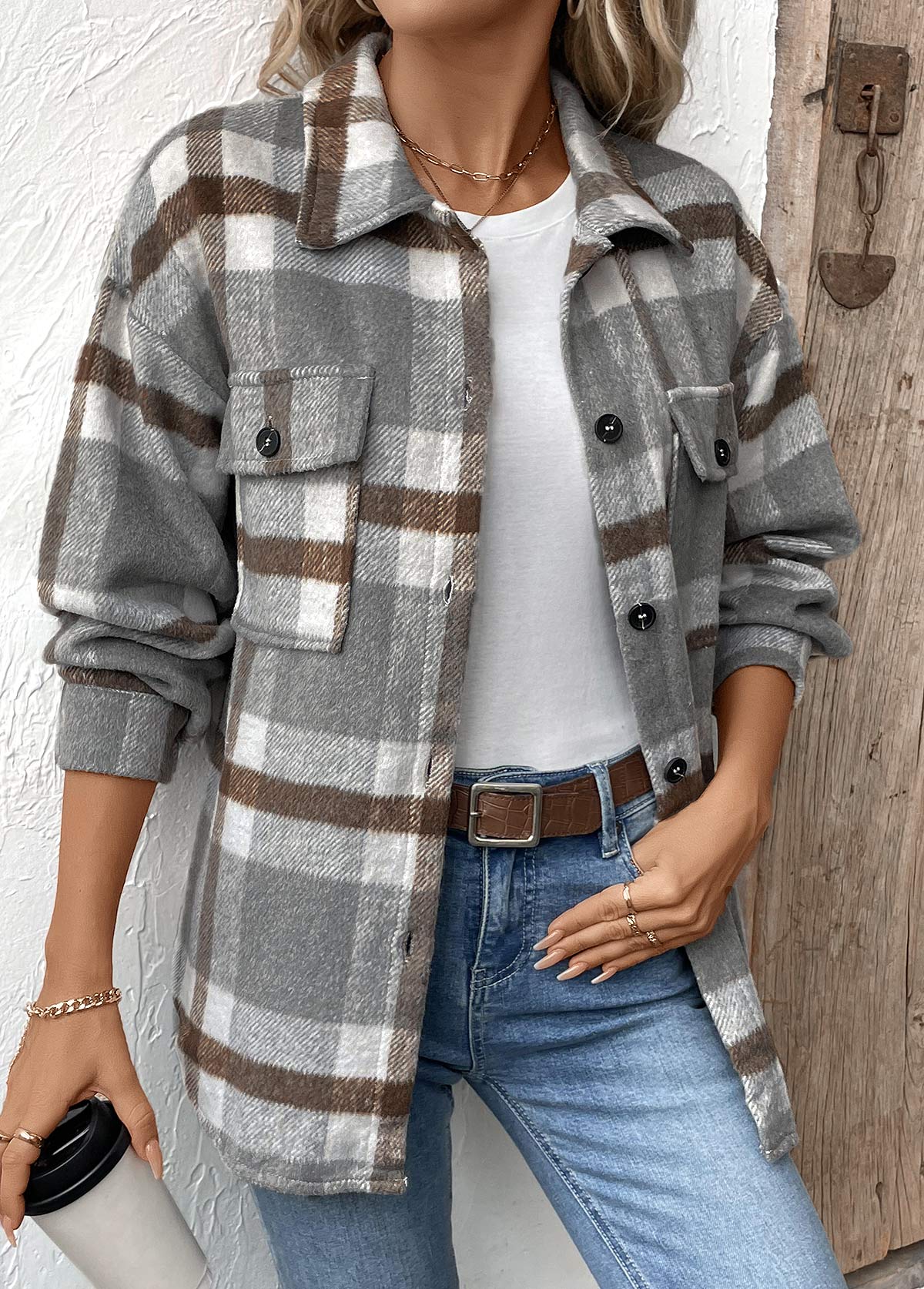 Grey Tummy Coverage Plaid Long Sleeve Coat | picture 