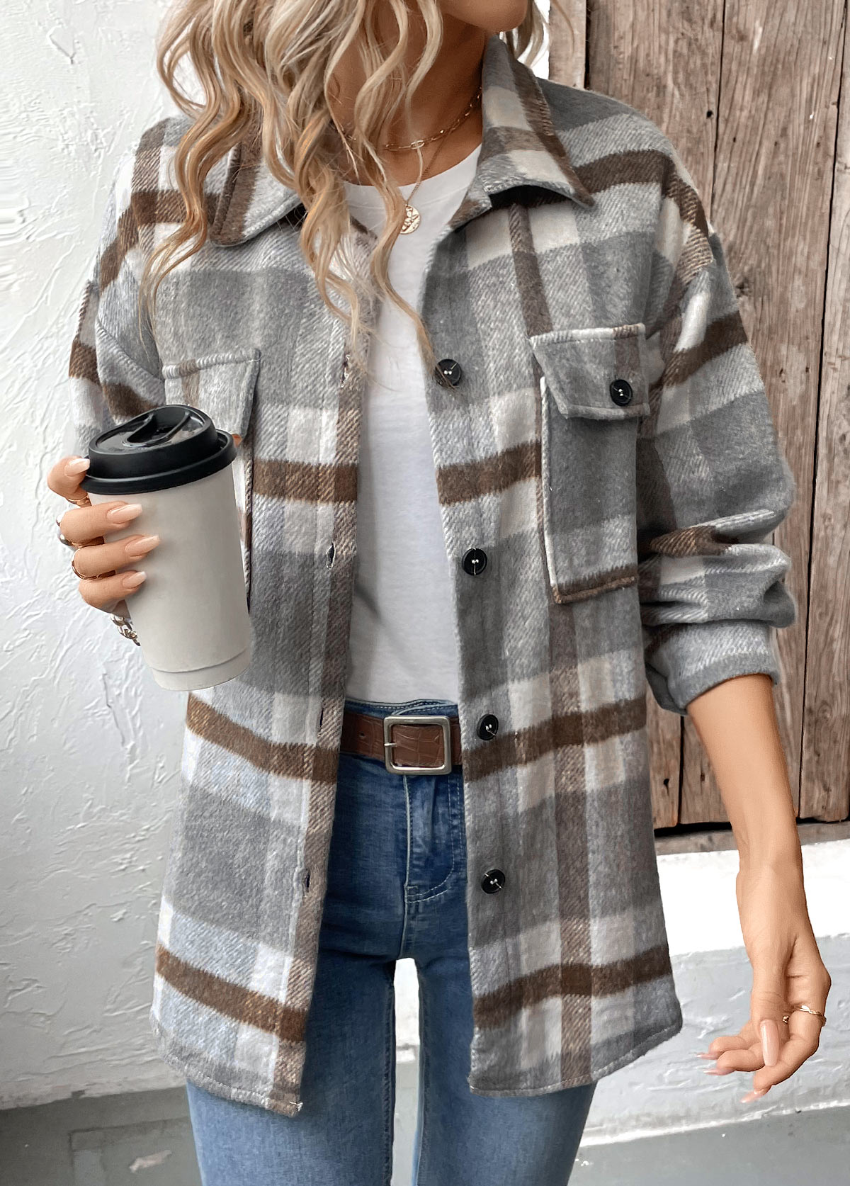 Grey Tummy Coverage Plaid Long Sleeve Coat | picture 