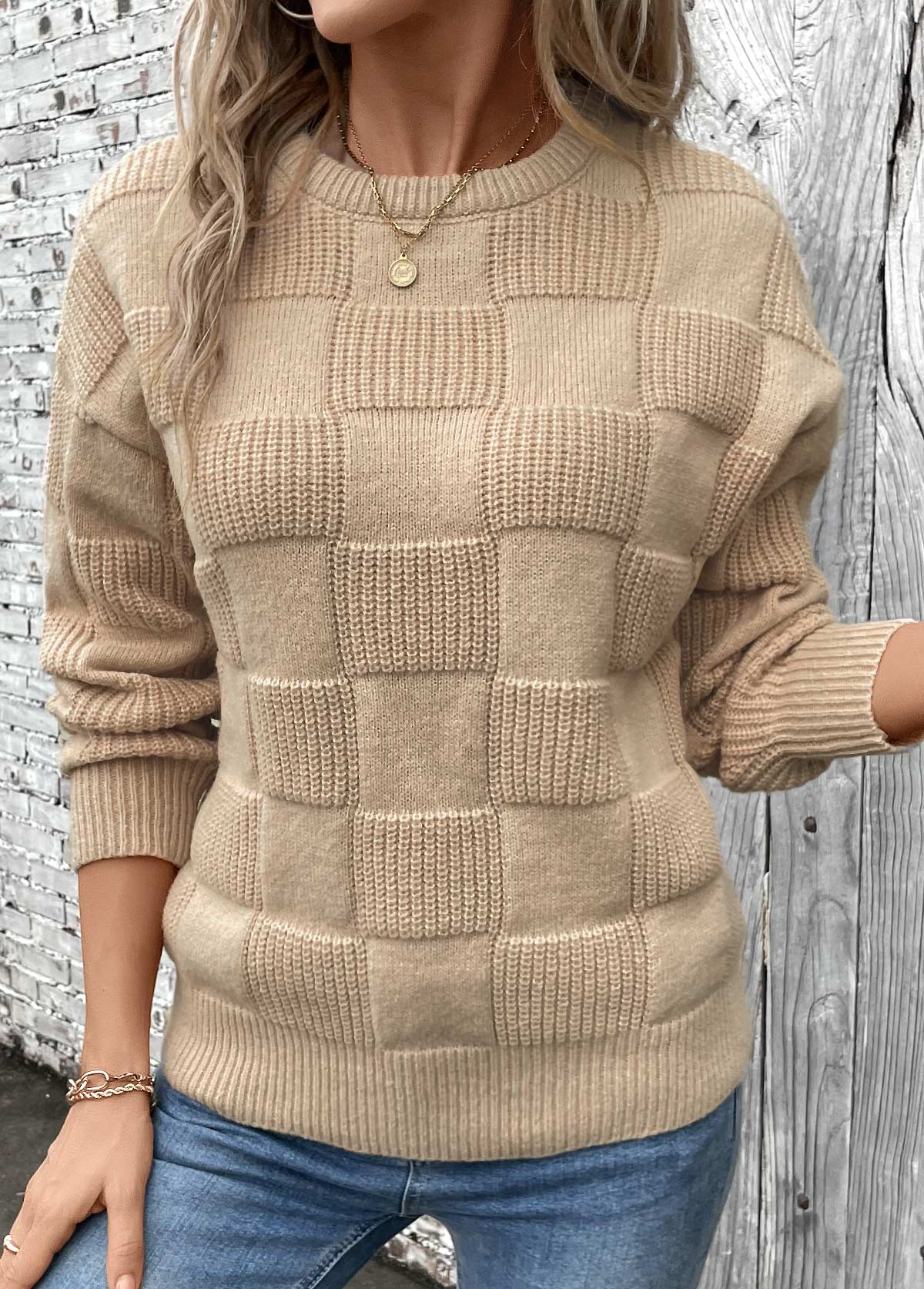 Light Coffee Patchwork Long Sleeve Round Neck Sweater | picture 