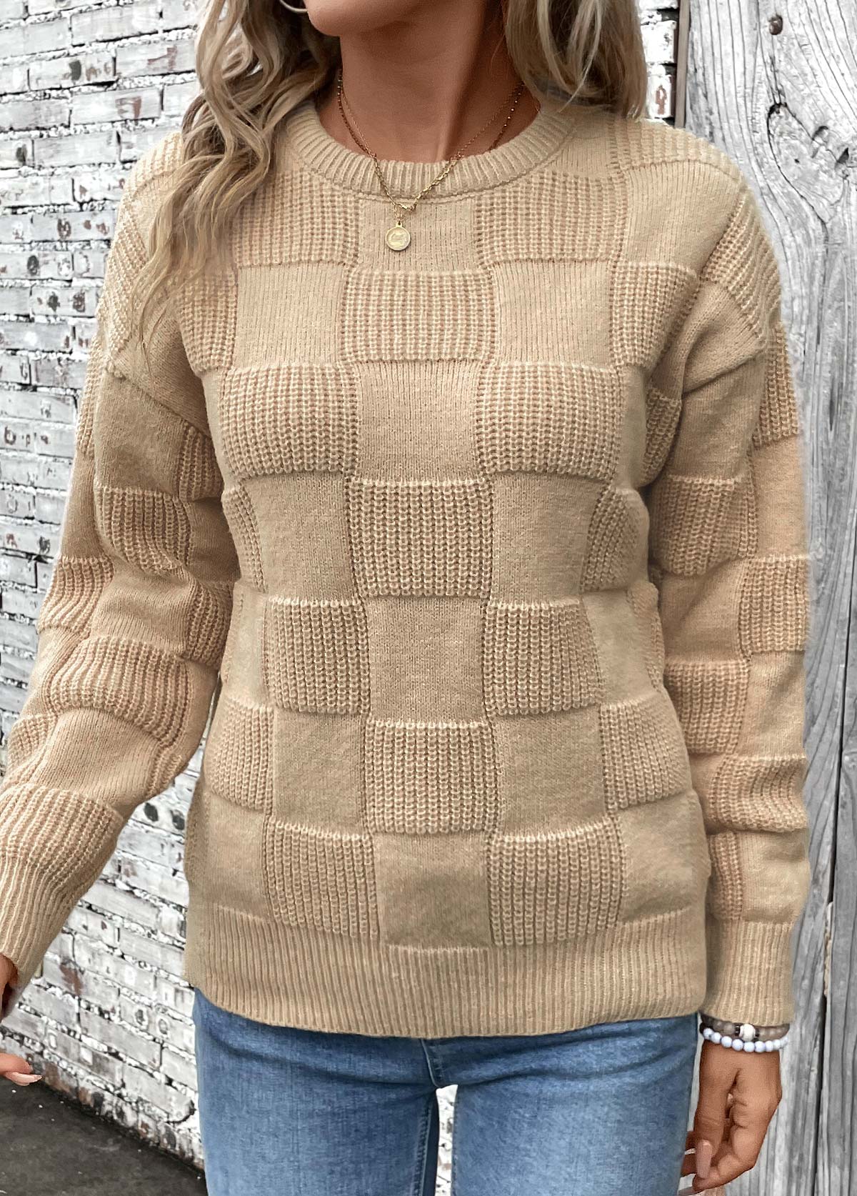Light Coffee Patchwork Long Sleeve Round Neck Sweater | picture 