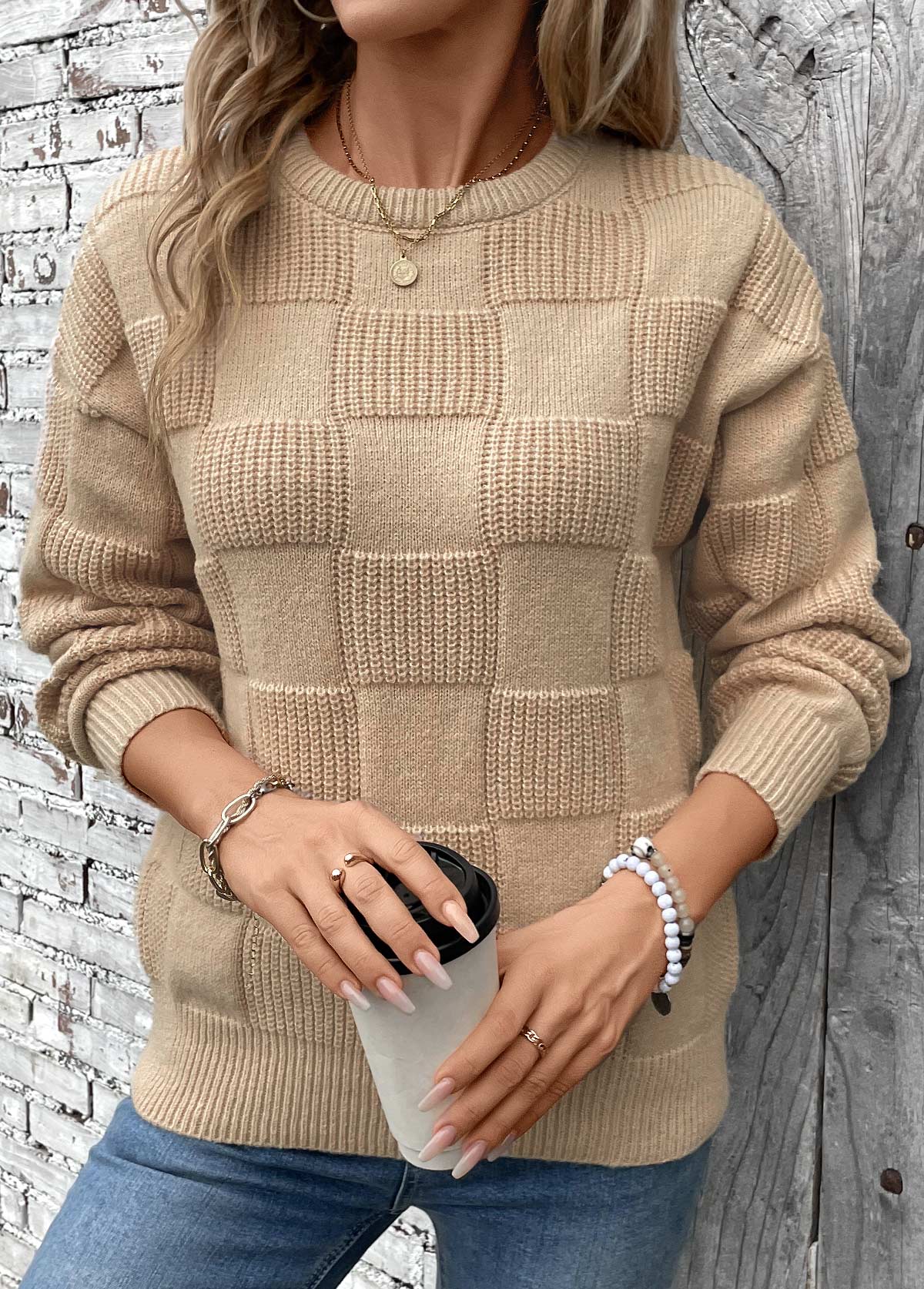 Light Coffee Patchwork Long Sleeve Round Neck Sweater | picture 