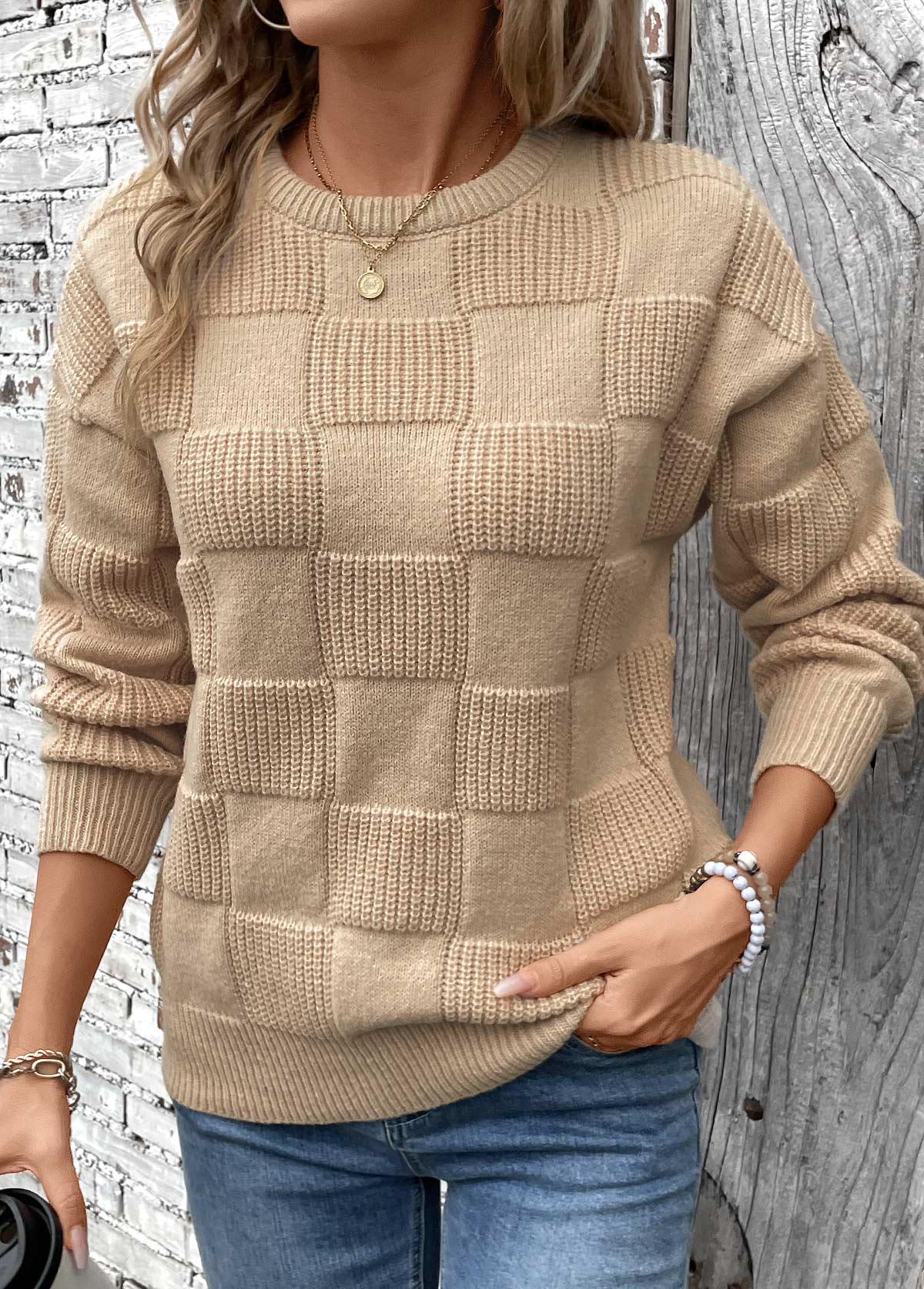 Light Coffee Patchwork Long Sleeve Round Neck Sweater | picture 