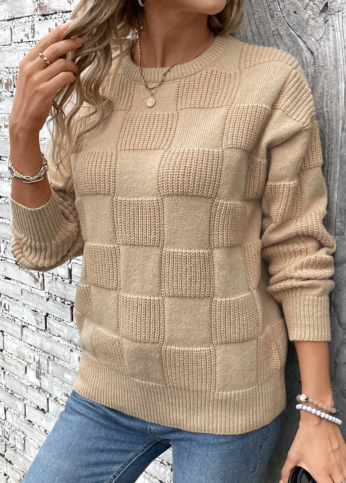 Light Coffee Patchwork Long Sleeve Round Neck Sweater | picture 