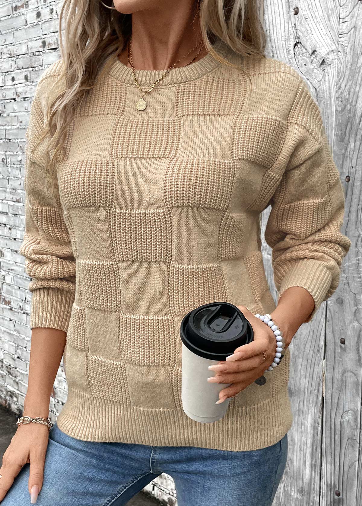 Light Coffee Patchwork Long Sleeve Round Neck Sweater | picture 