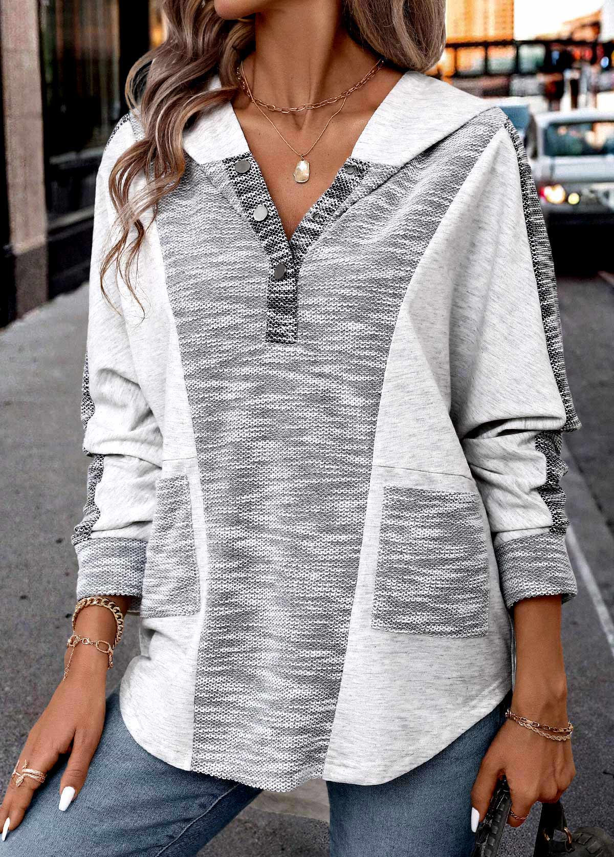 Light Grey Patchwork Plus Size Long Sleeve Hoodie | picture 