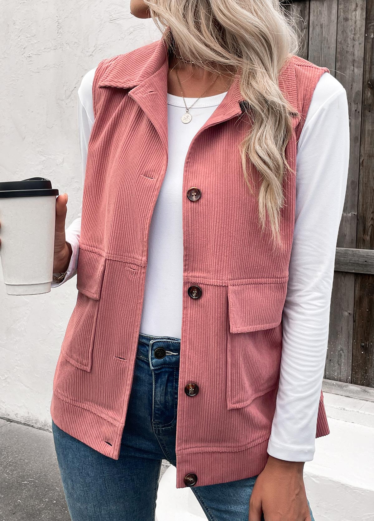 Plus Size Dusty Pink Button Up Corduroy Waistcoat | picture 