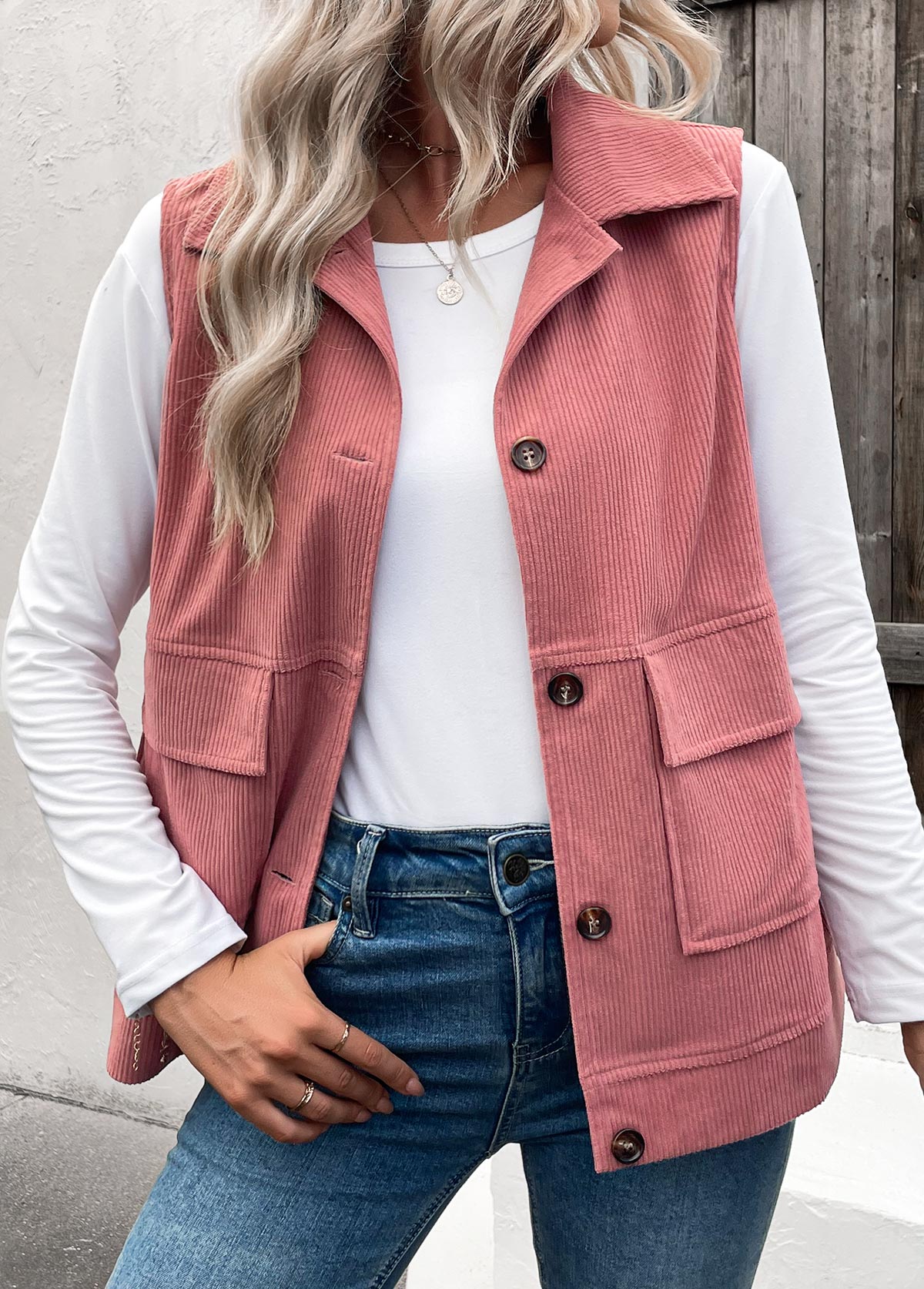 Plus Size Dusty Pink Button Up Corduroy Waistcoat | picture 