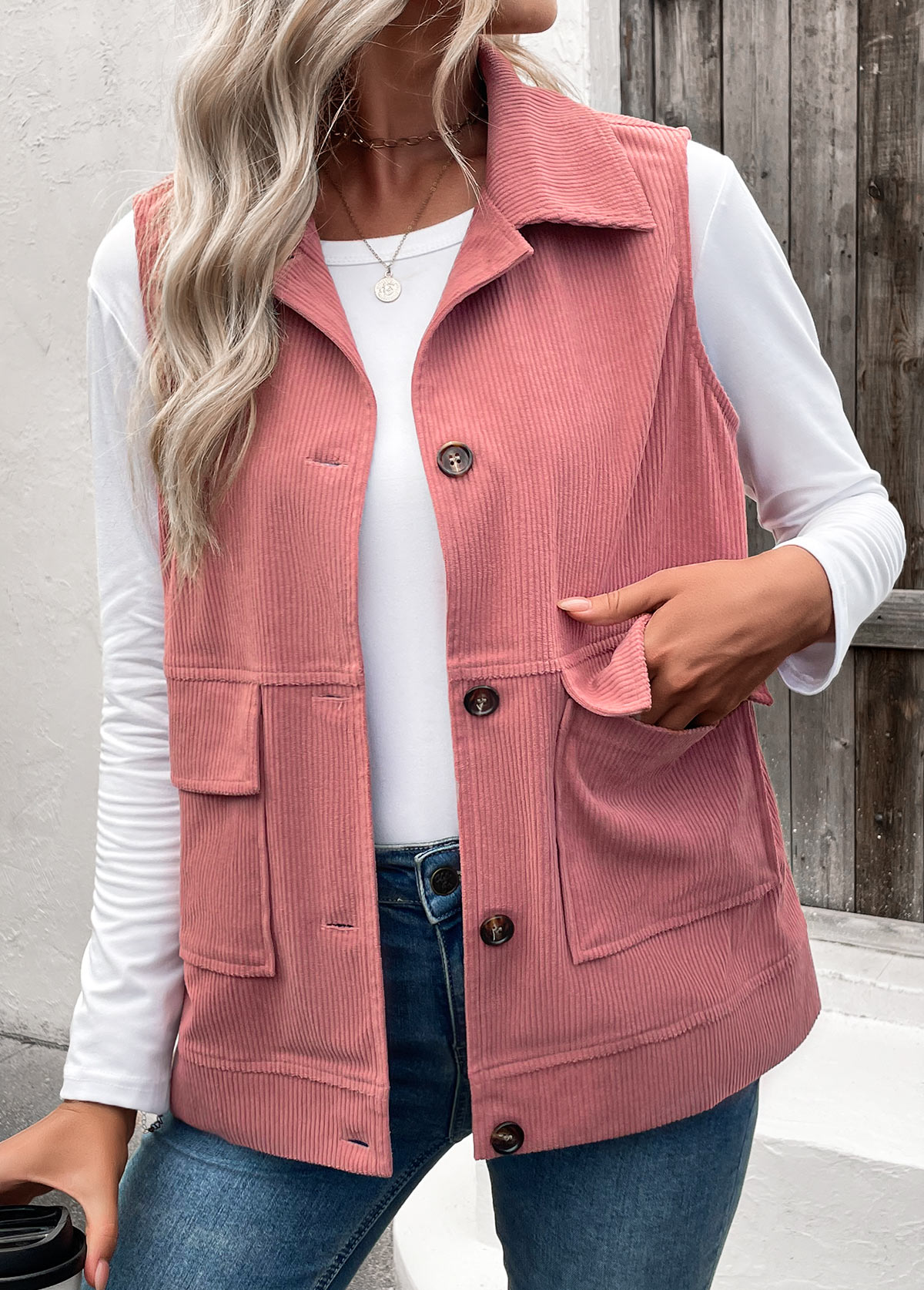 Plus Size Dusty Pink Button Up Corduroy Waistcoat | picture 