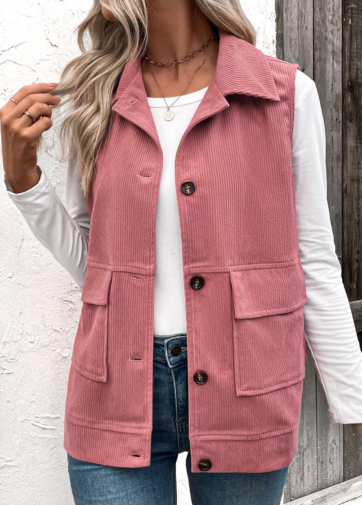 Plus Size Dusty Pink Button Up Corduroy Waistcoat | picture 