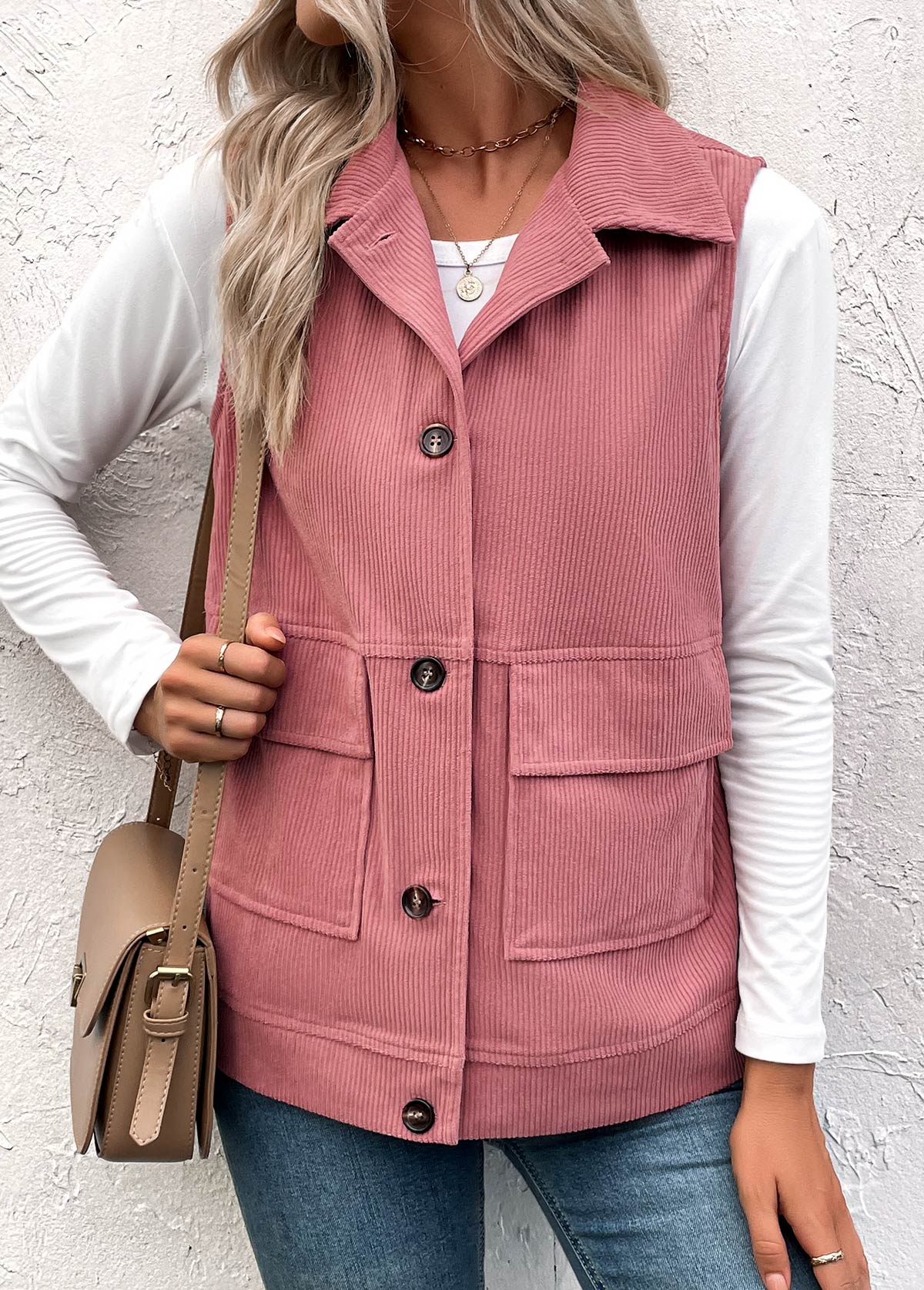 Plus Size Dusty Pink Button Up Corduroy Waistcoat | picture 