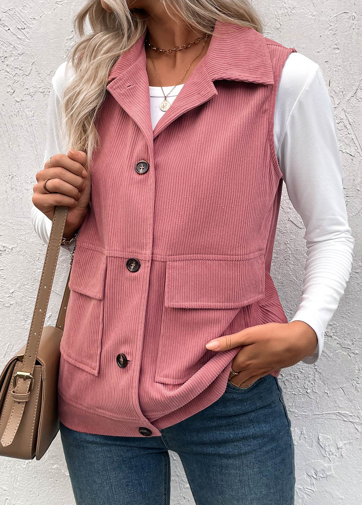 Plus Size Dusty Pink Button Up Corduroy Waistcoat | picture 