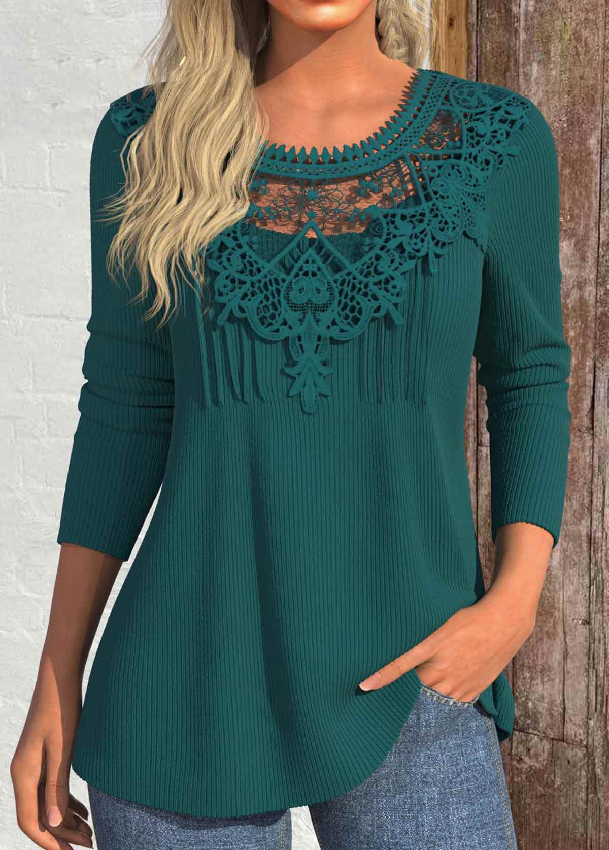 Blackish Green Patchwork Long Sleeve Round Neck T Shirt | picture 