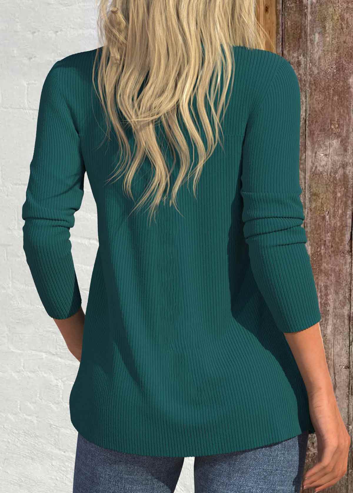Blackish Green Patchwork Long Sleeve Round Neck T Shirt | picture 