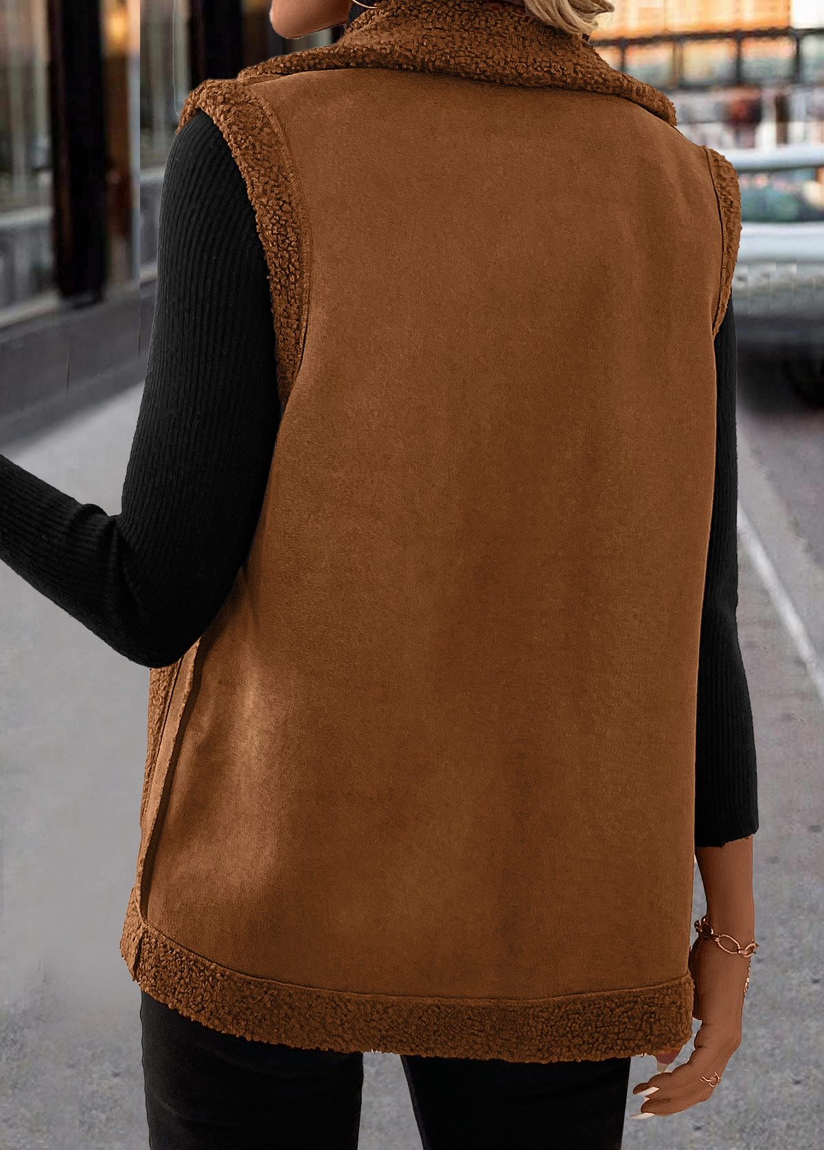 Dark Coffee Patchwork Sleeveless Turn Down Collar Waistcoat | picture 