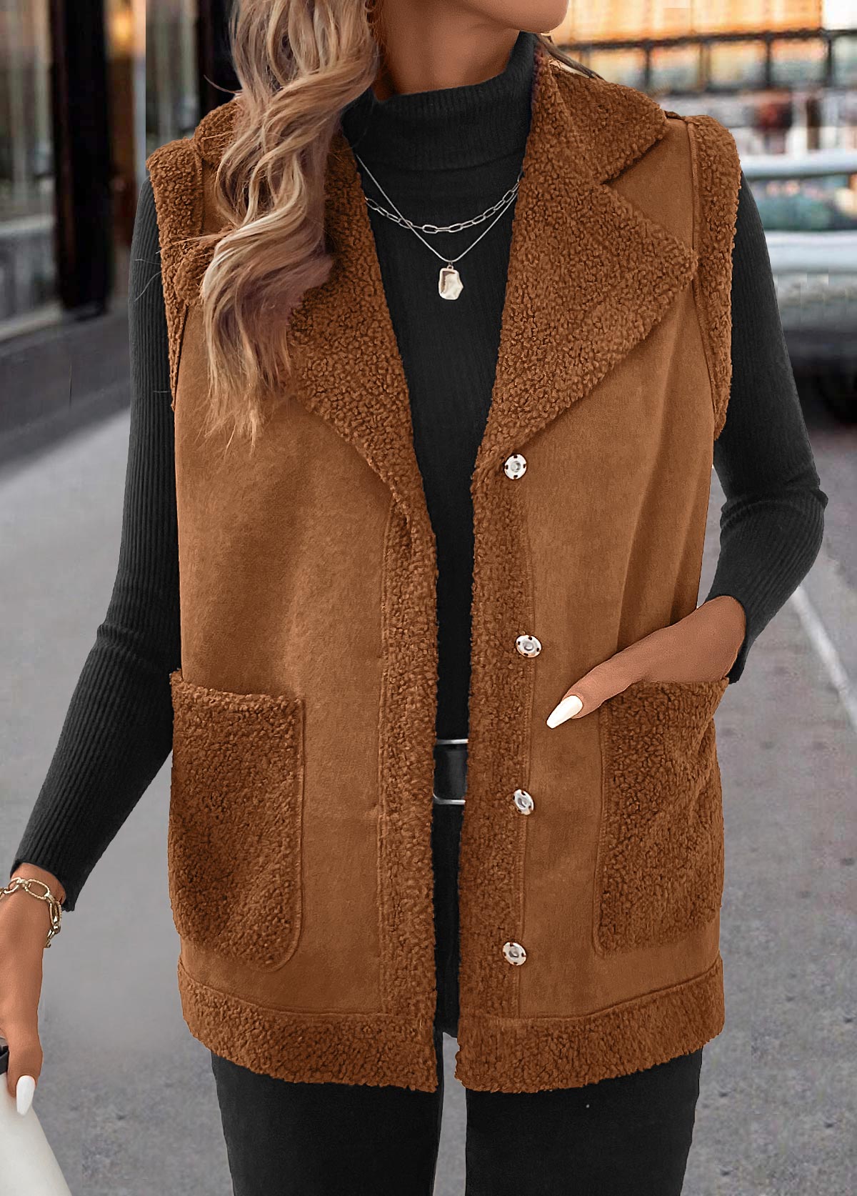 Dark Coffee Patchwork Sleeveless Turn Down Collar Waistcoat | picture 