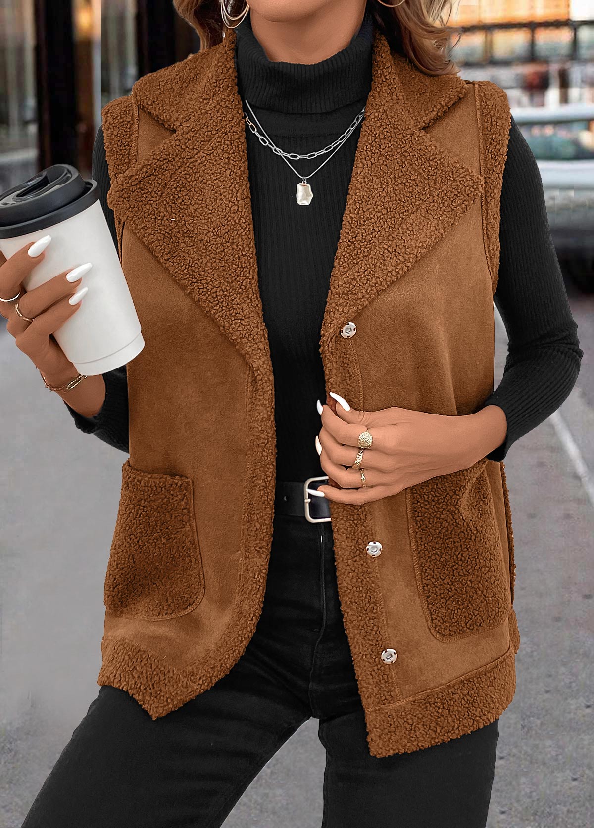 Dark Coffee Patchwork Sleeveless Turn Down Collar Waistcoat | picture 