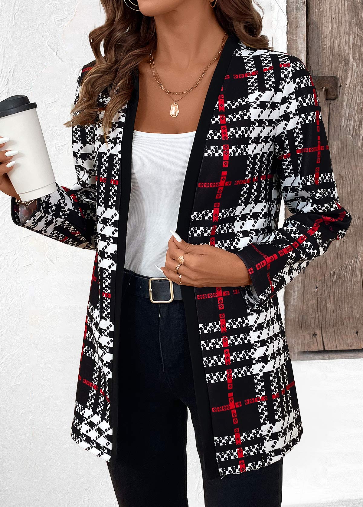 Black Patchwork Plaid Long Sleeve Coat | picture 