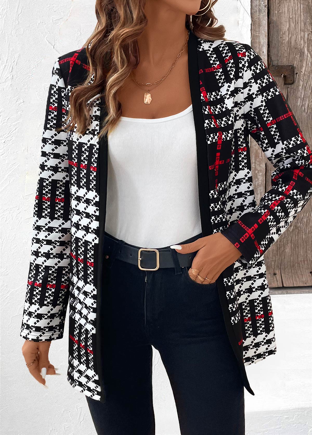 Black Patchwork Plaid Long Sleeve Coat | picture 