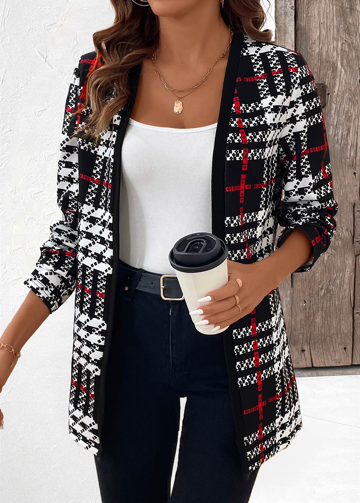 Black Patchwork Plaid Long Sleeve Coat | picture 