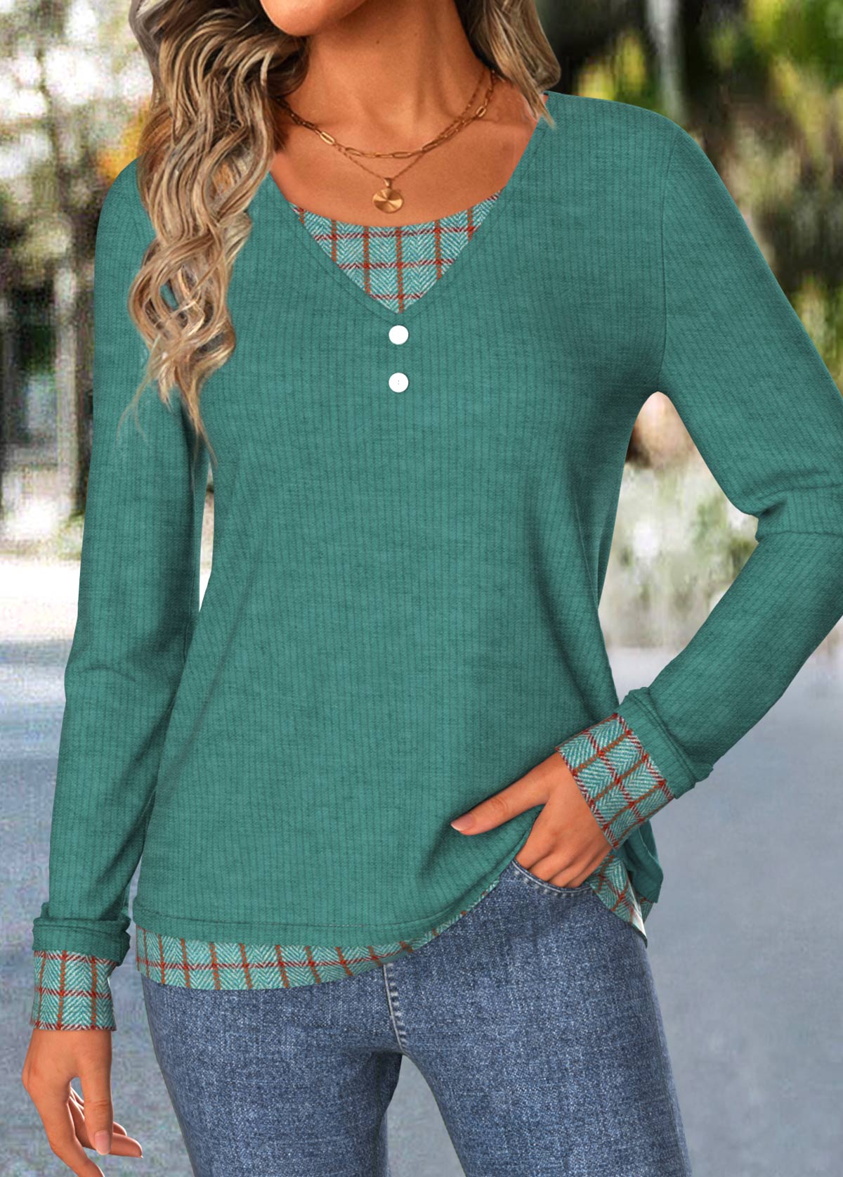 Modlily Turquoise Plaid Long Sleeve Fake Two Piece Twinset - XXL