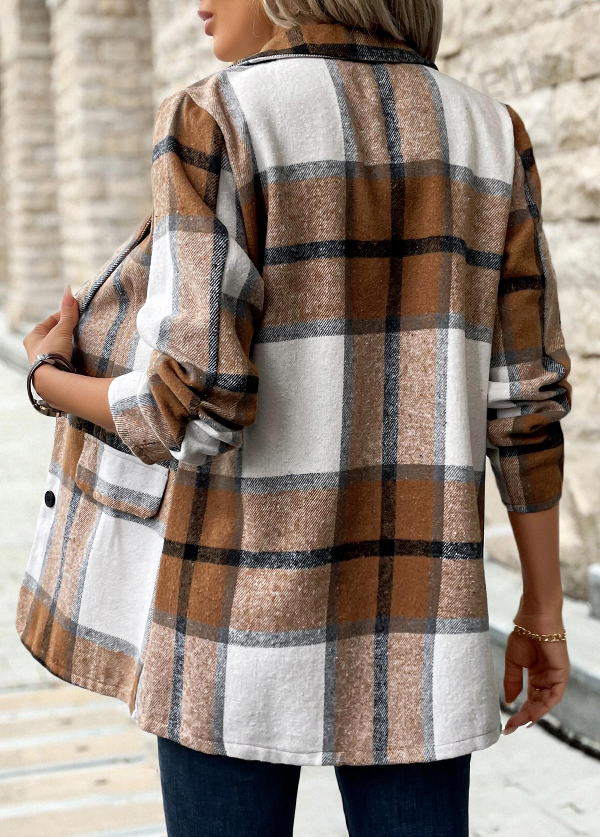 Dark Camel Button Plaid Long Sleeve Lapel Coat | picture 