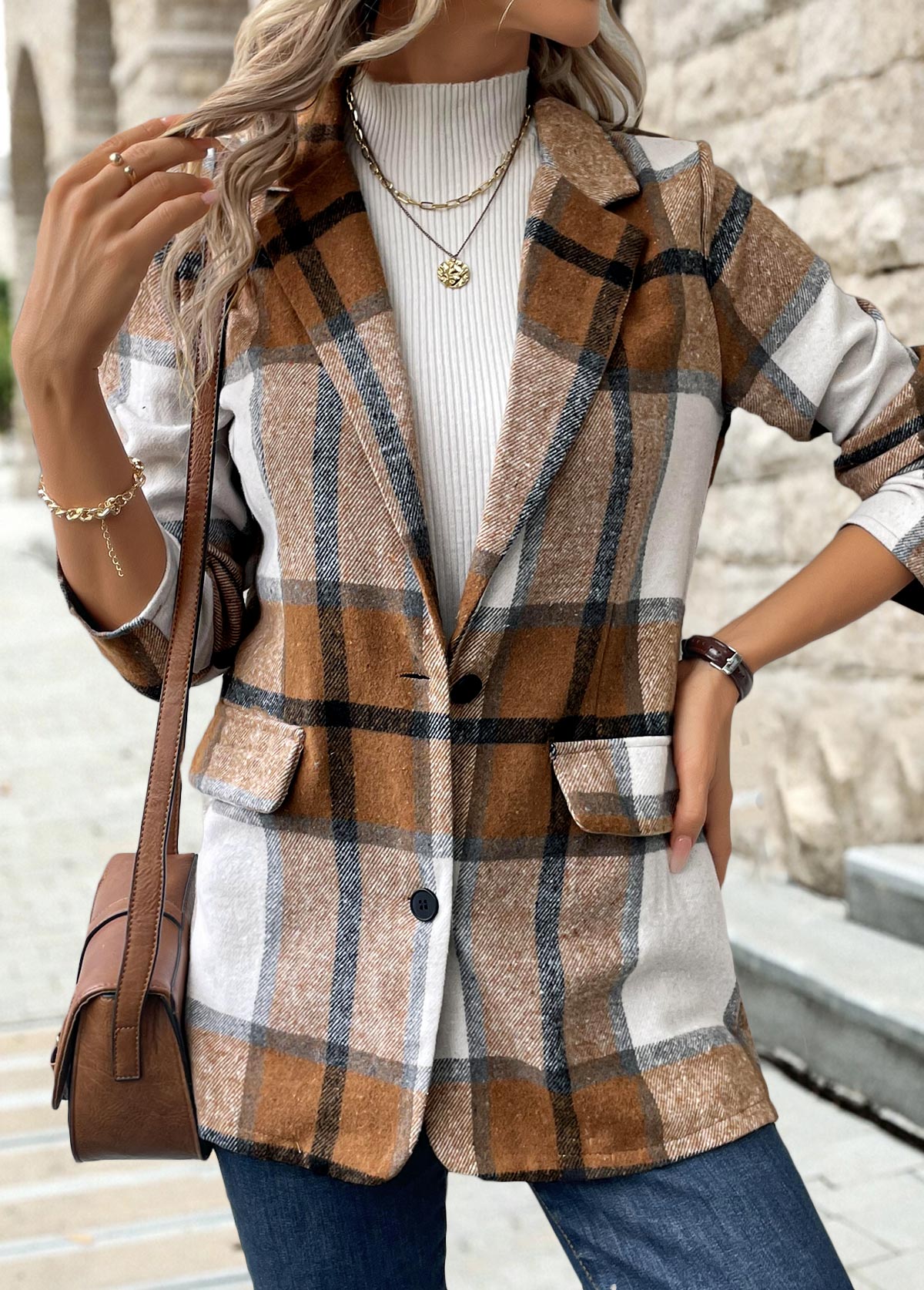 Dark Camel Button Plaid Long Sleeve Lapel Coat | picture 