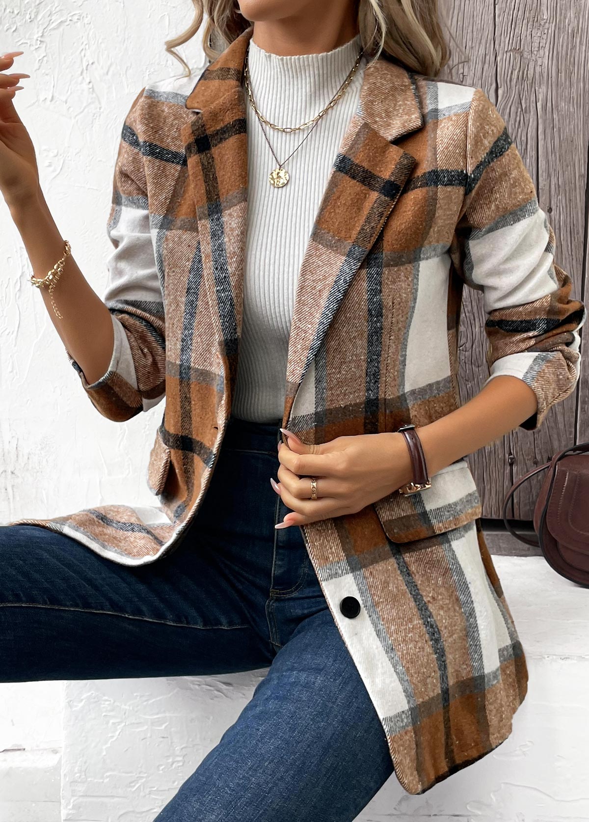Dark Camel Button Plaid Long Sleeve Lapel Coat | picture 