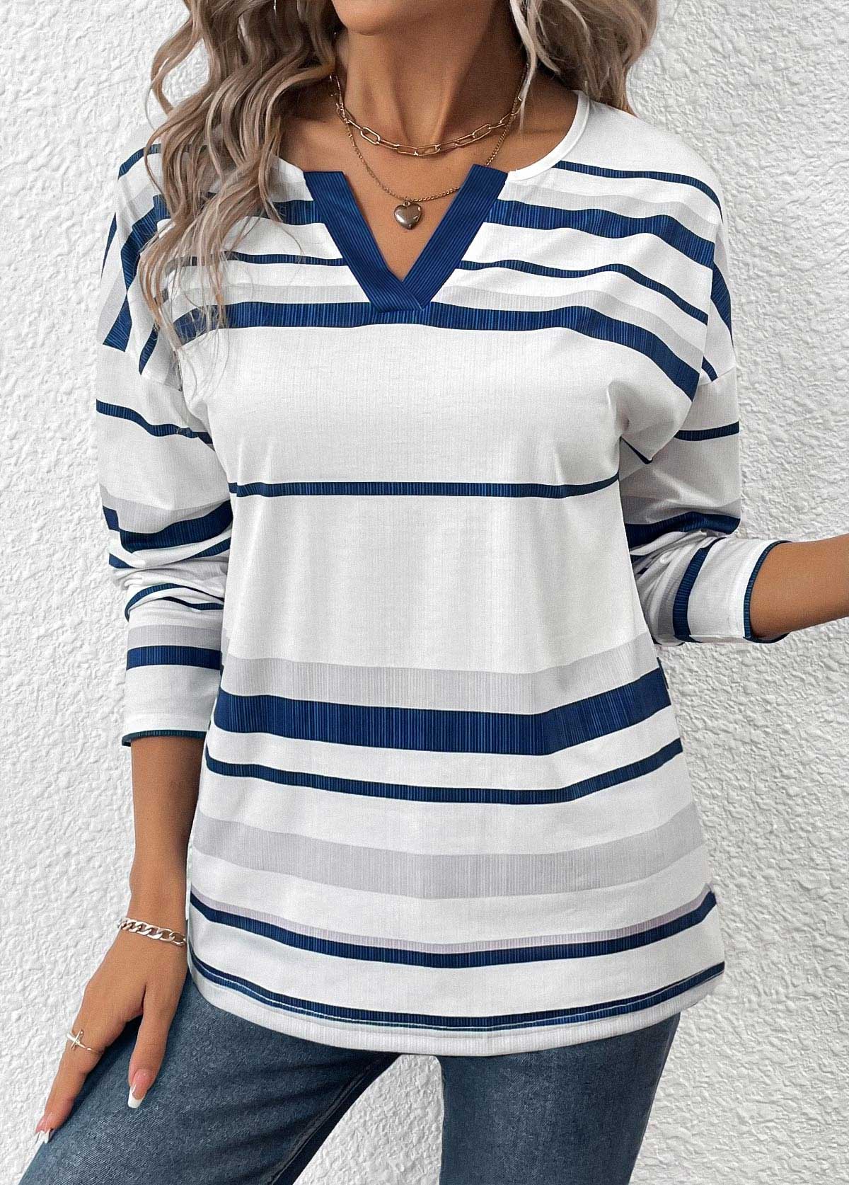 Plus Size White Patchwork Striped Long Sleeve T Shirt | picture 