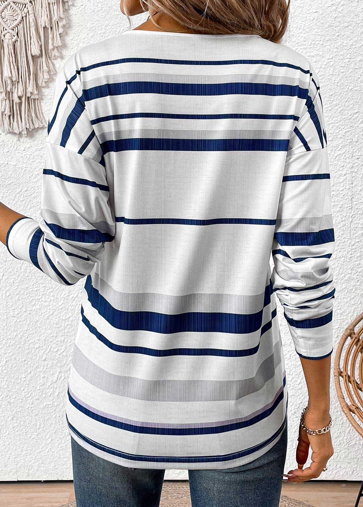 Plus Size White Patchwork Striped Long Sleeve T Shirt | picture 